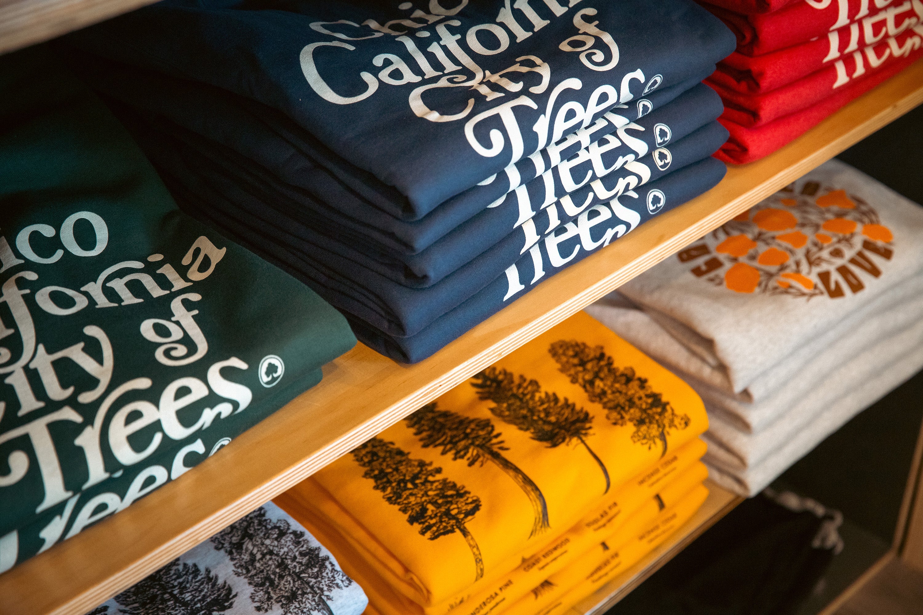 interior of Upper Park Clothing Store - Folded tees on shelves