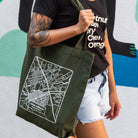 Woman carrying a Chico Streets Map Carrie Tote Bag from Upper Park Clothing in Chico, Ca