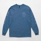 Bay Waves Standard Long Sleeve Shirt - Upper Park Clothing - Blue long-sleeve shirt with white text and logo on a light gray background