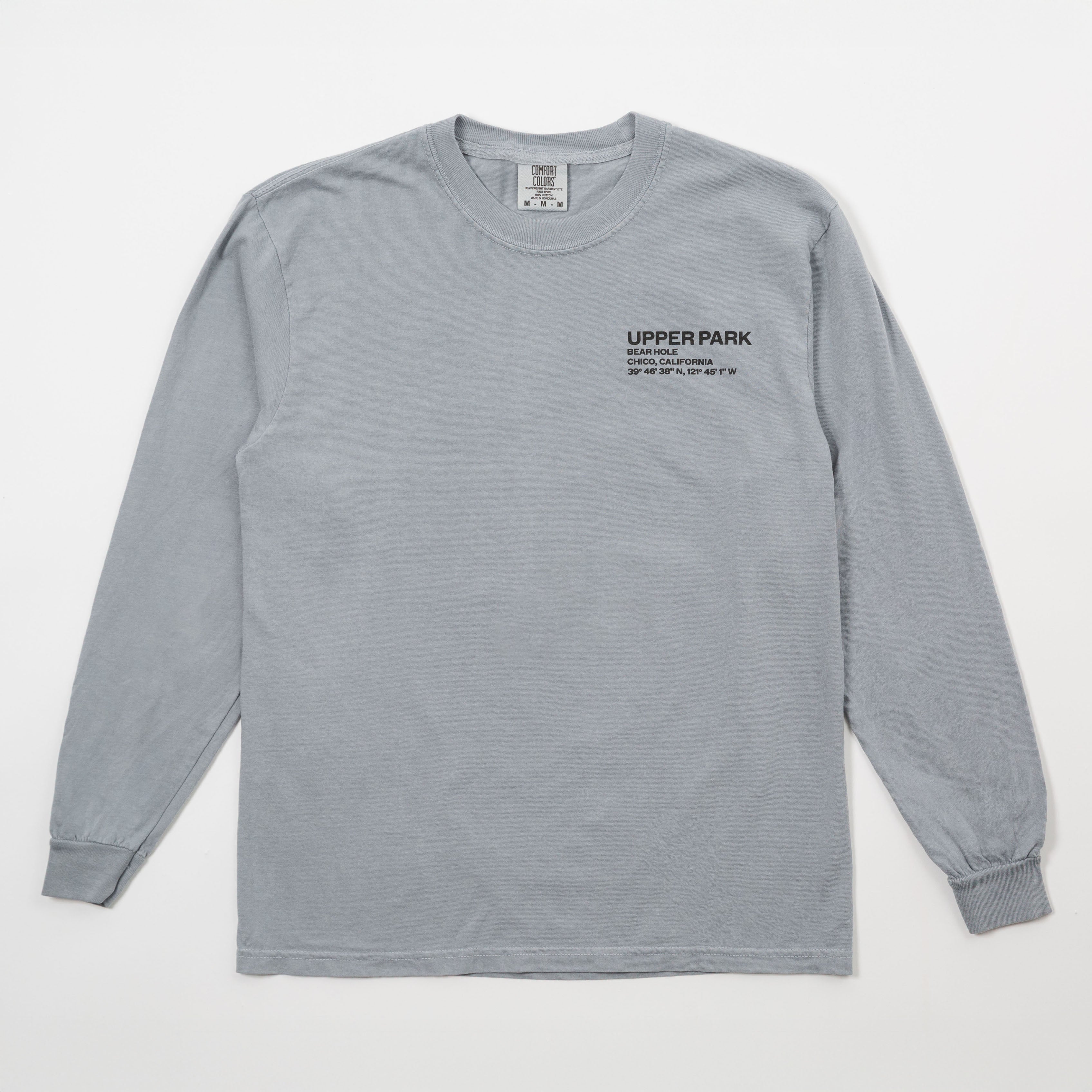 Gray long-sleeve shirt with 'Upper Park' text on a light gray background