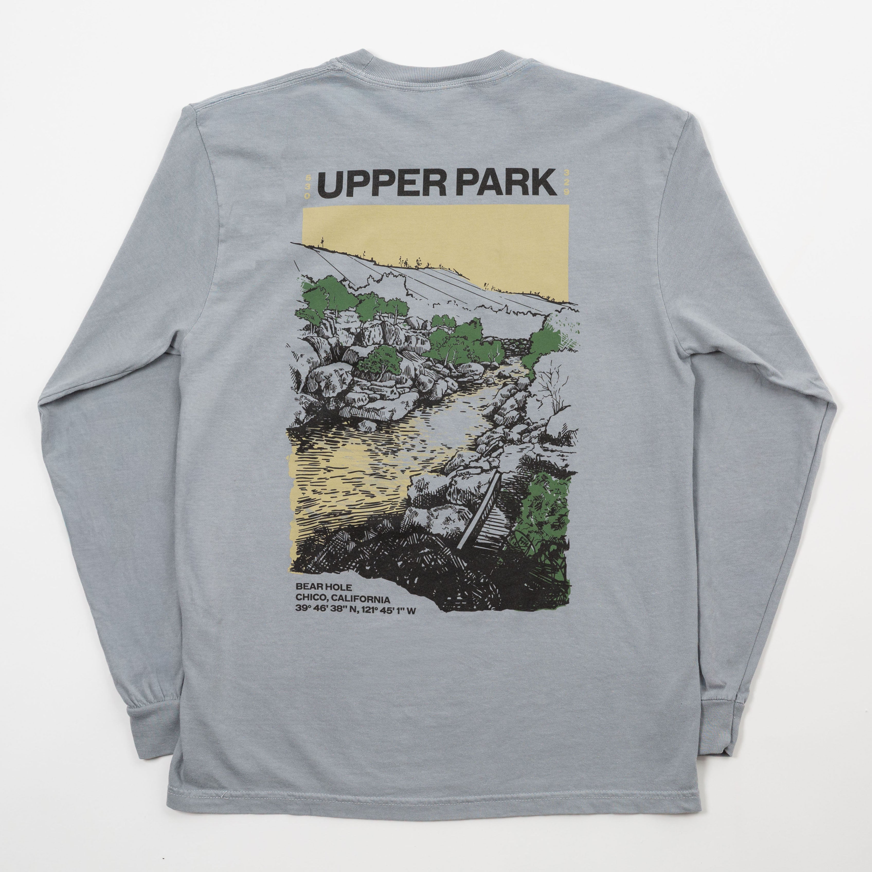 Gray long-sleeve shirt with a graphic of a park and 'Upper Park' text on the back, displayed on a white background.