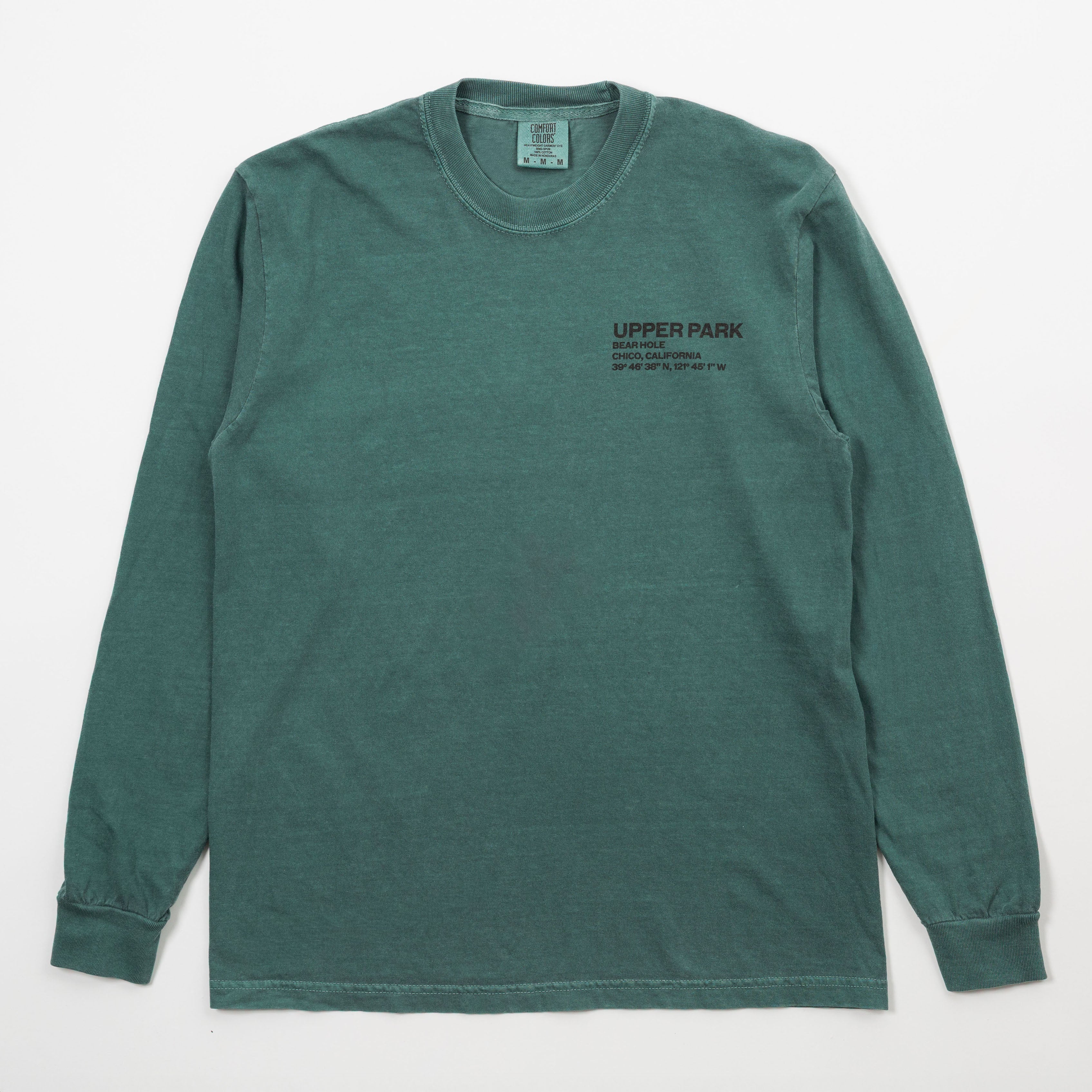 Green long-sleeve shirt with 'Upper Park' text on a white background