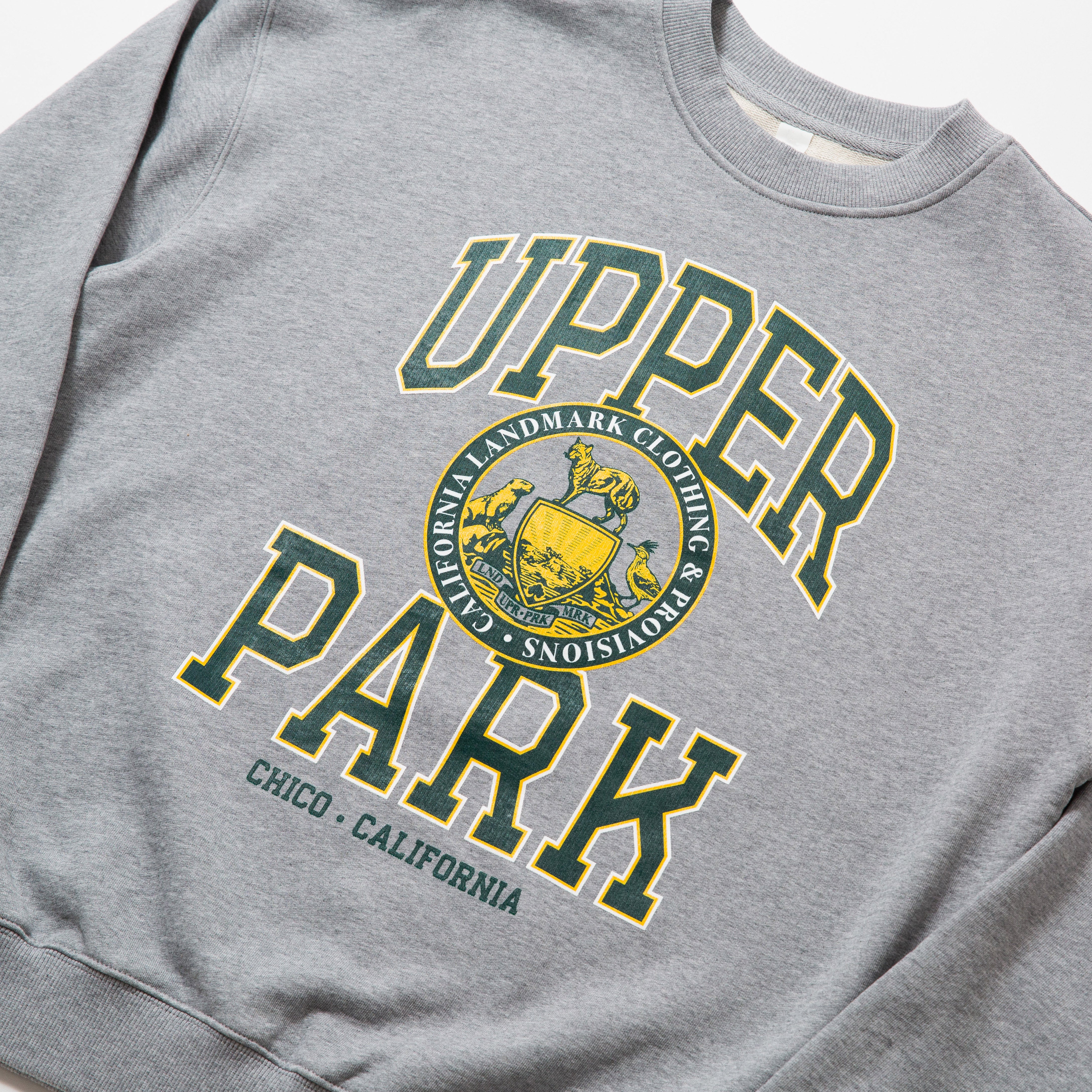 100% Cotton Oversize Crew Neck Sweater - Gray sweatshirt with 'Upper Park' text and logo on a plain background