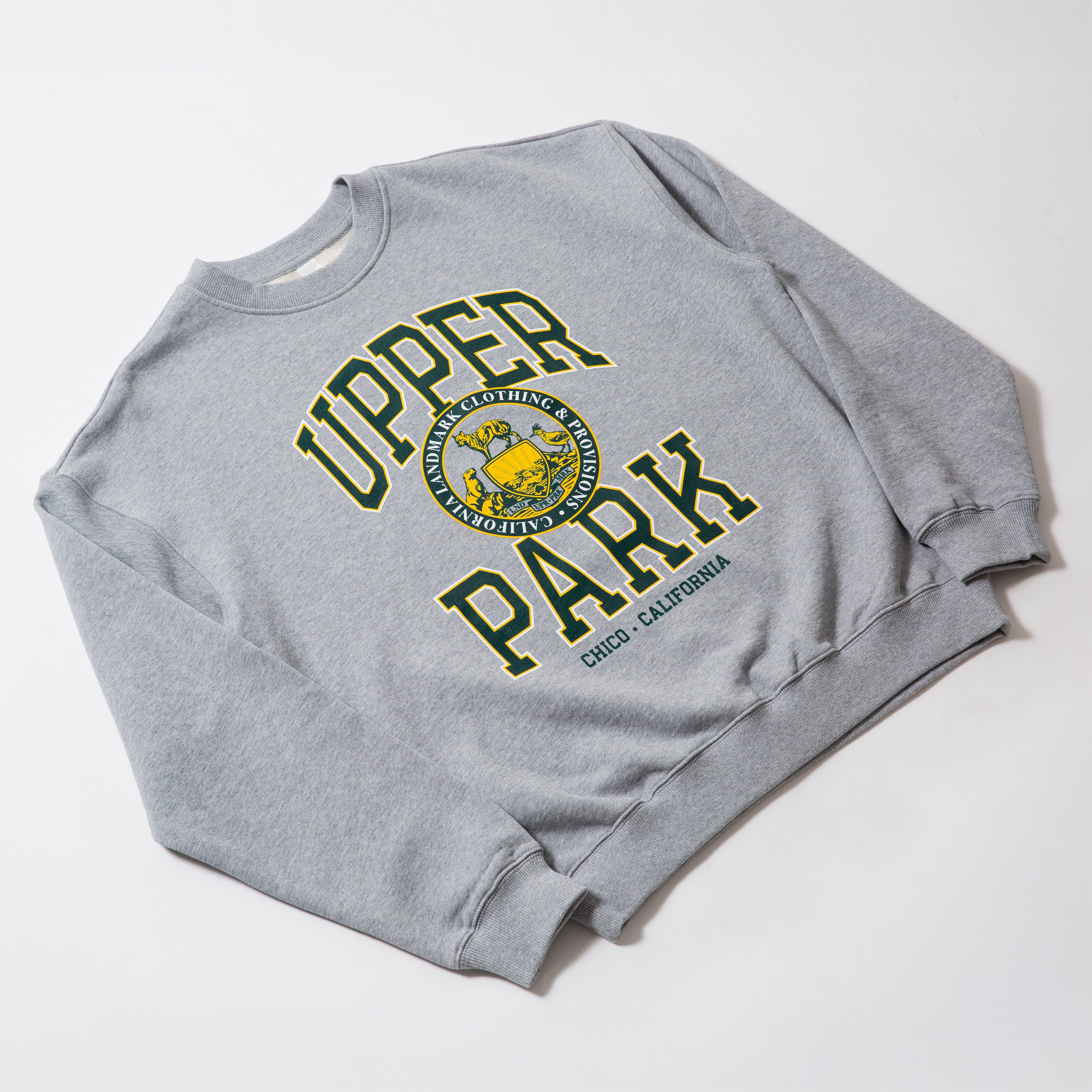 100% Cotton Oversize Crew Neck Sweater - Gray sweatshirt with 'Upper Park' text and logo on a white background