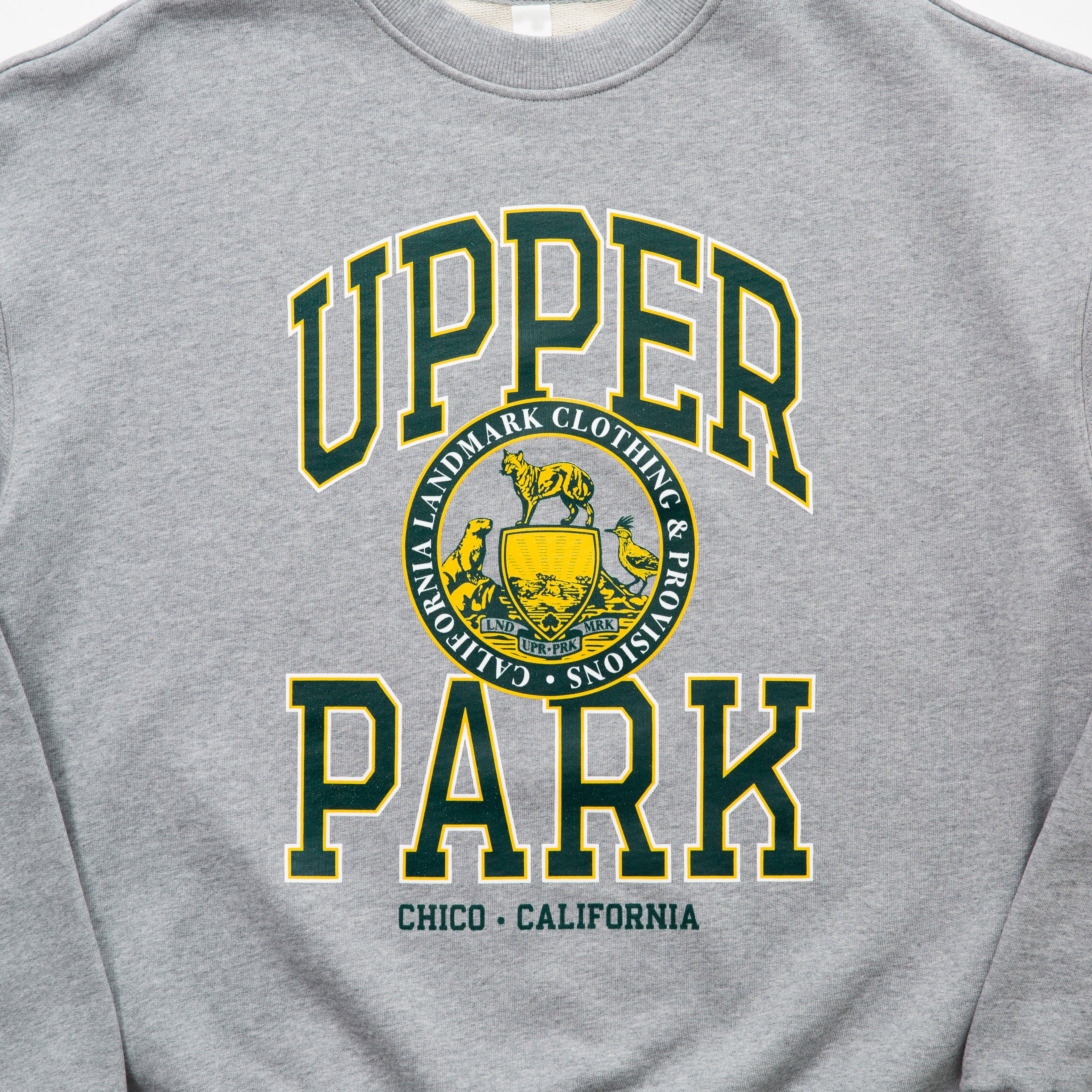 100% Cotton Oversize Crew Neck Sweater - Gray sweatshirt with 'Upper Park' text and logo on a plain background