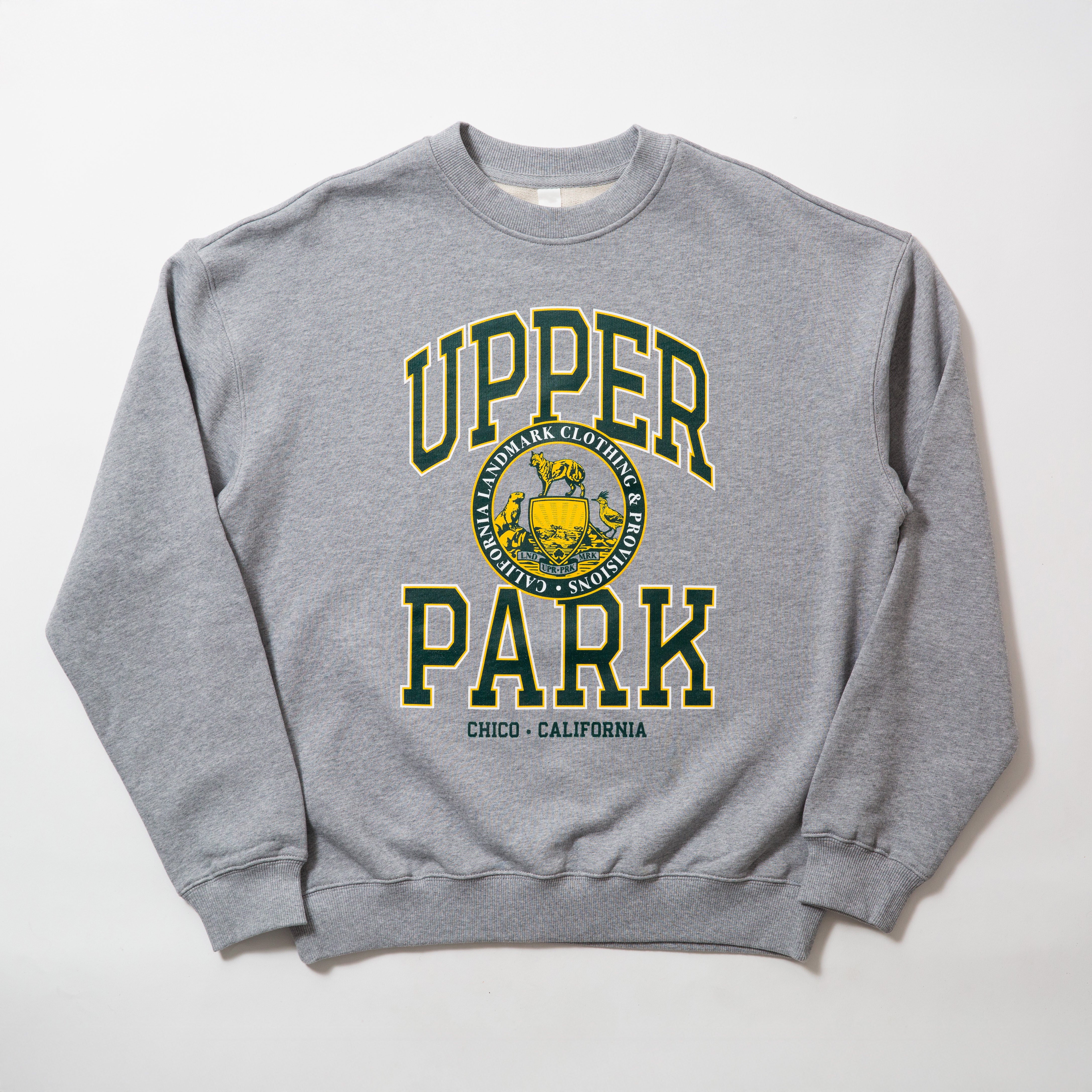 100% Cotton Oversize Crew Neck Sweater - Gray sweatshirt with 'Upper Park' text and logo on a white background