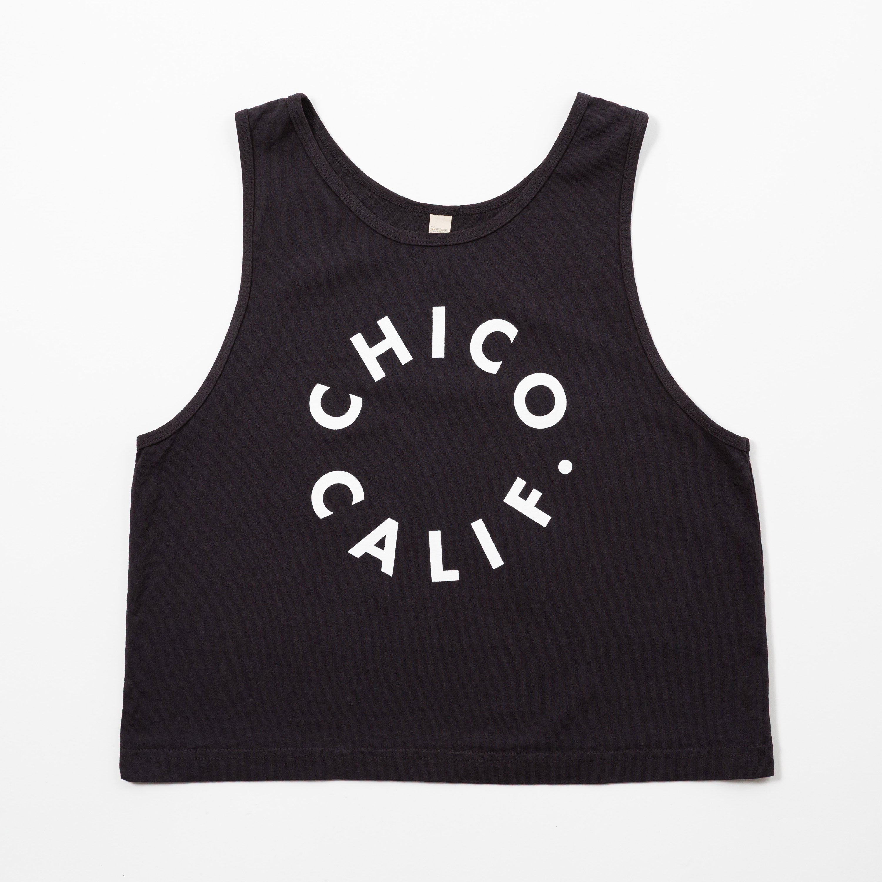 Chico Women's Tank Top - Upper Park Clothing - Off Black tank top with 'Chico Califo' text on a white background