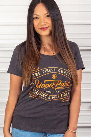 women standing in front of a garage door in Downtown Chico wearing a Giant Provisions Scoop neck Tee from Upper Park Clothing