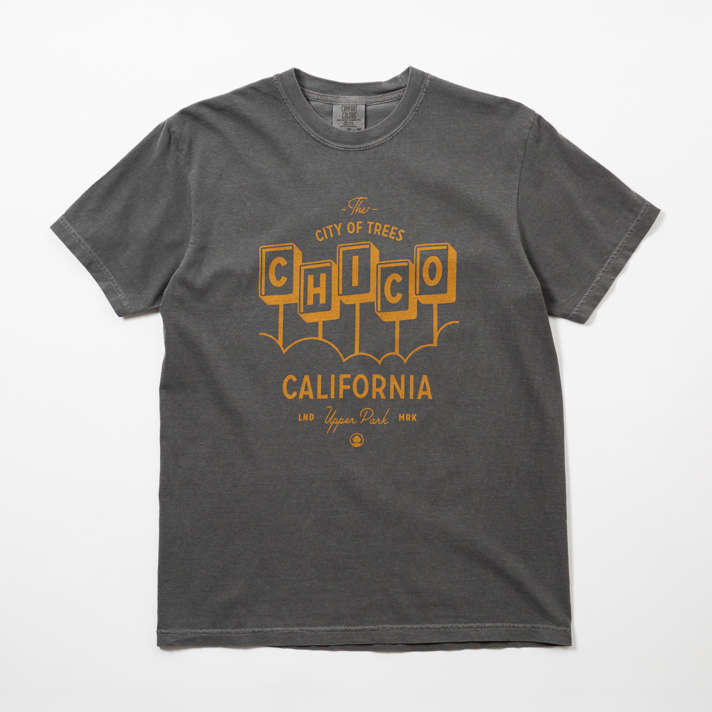 Gray t-shirt with 'Chico California' text and graphics on a white background
