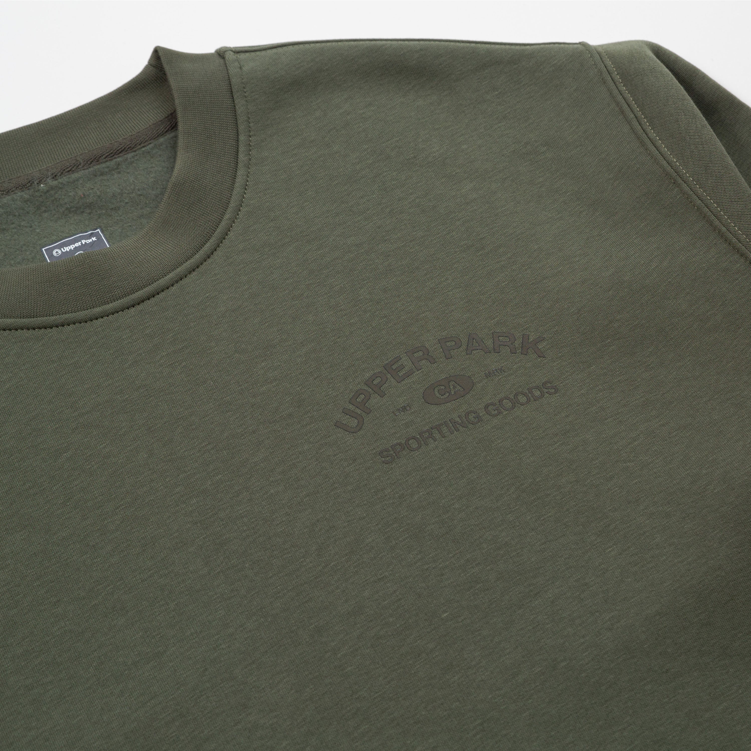 Green sweatshirt with 'Upper Park' logo on a white background - Upper Park Athletics Sweater Set