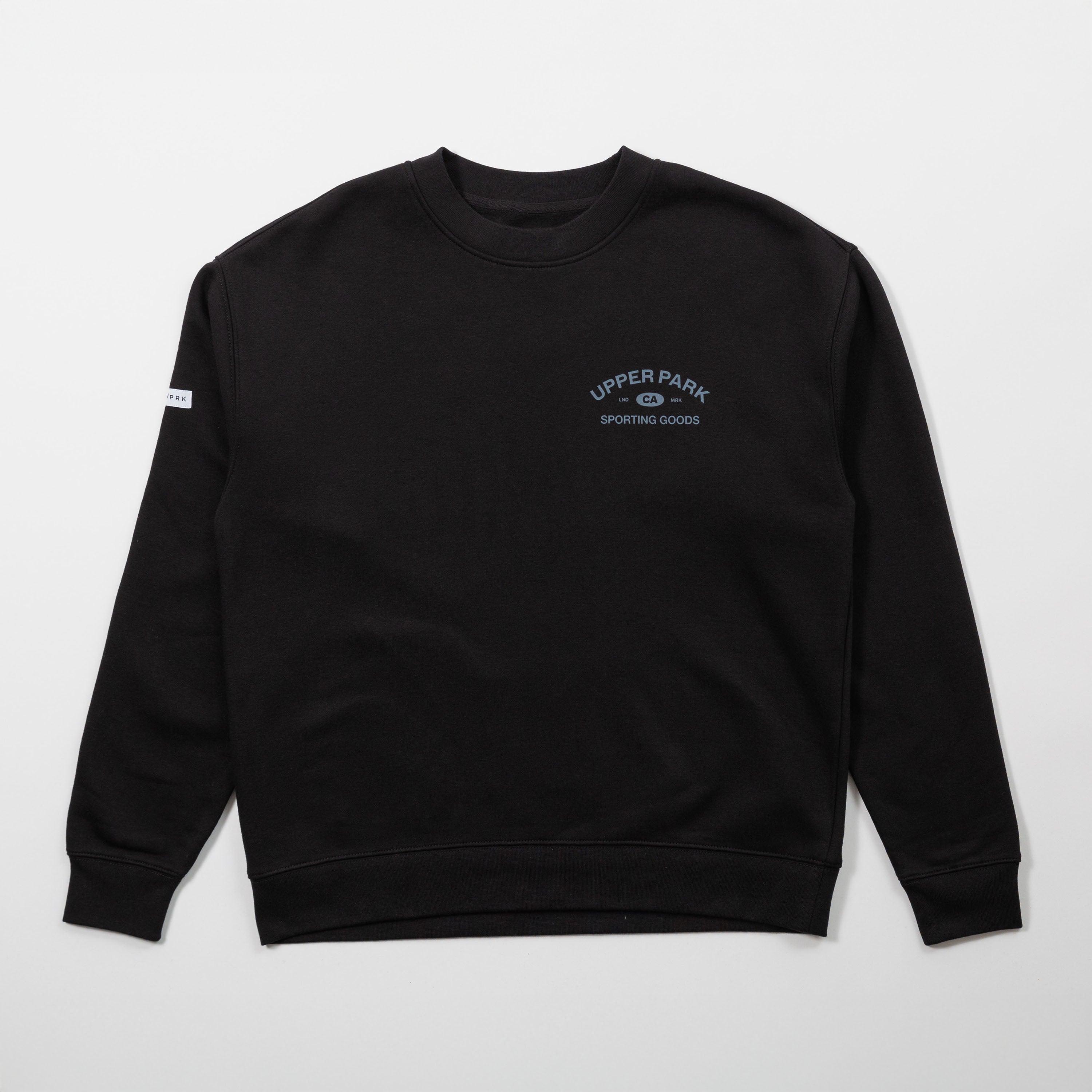 Black sweatshirt with a logo on the chest against a light gray background - Upper Park Athletics Sweater Set
