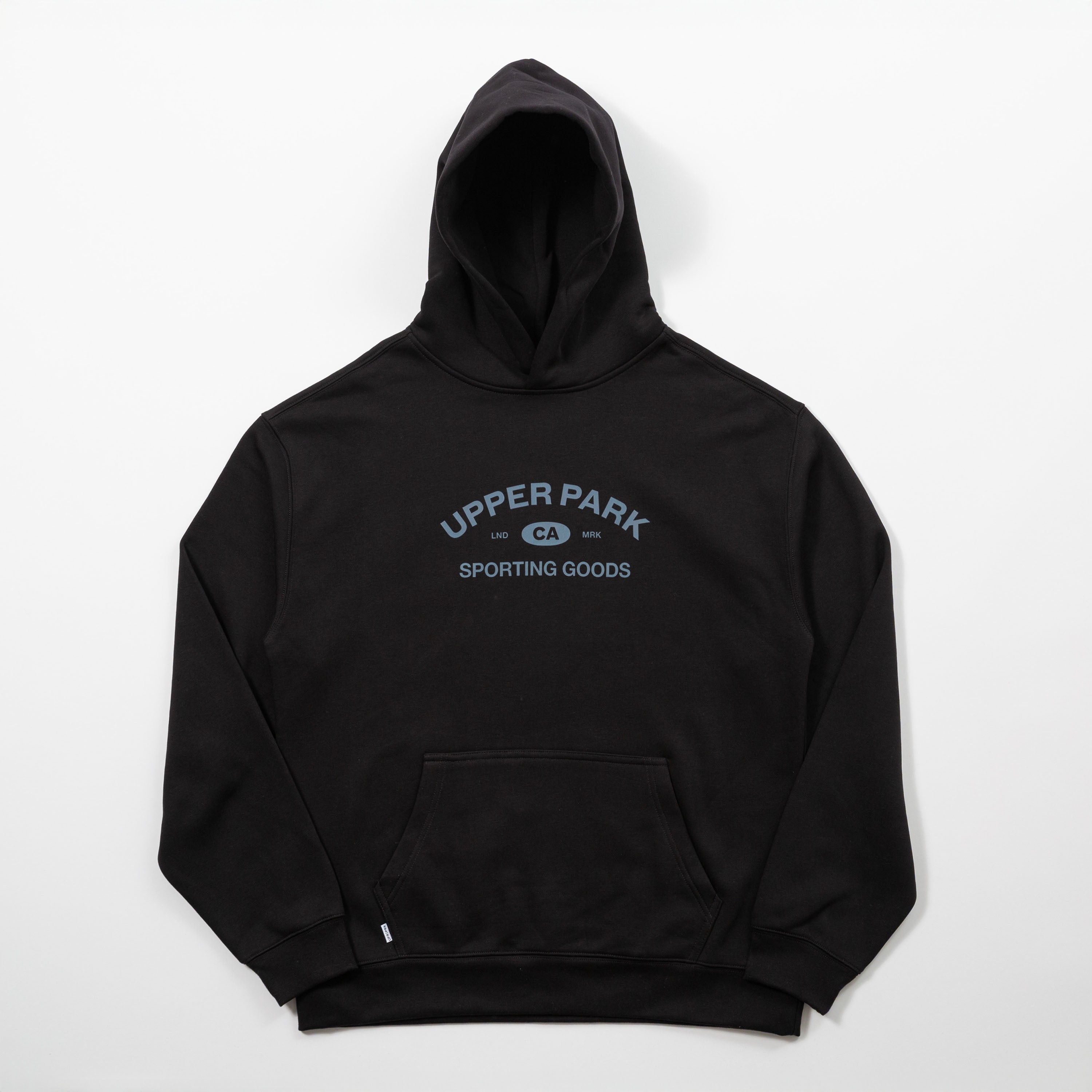 Black hoodie with 'Upper Park Sporting Goods' text on a white background - Upper Park Athletics Hoodie Set