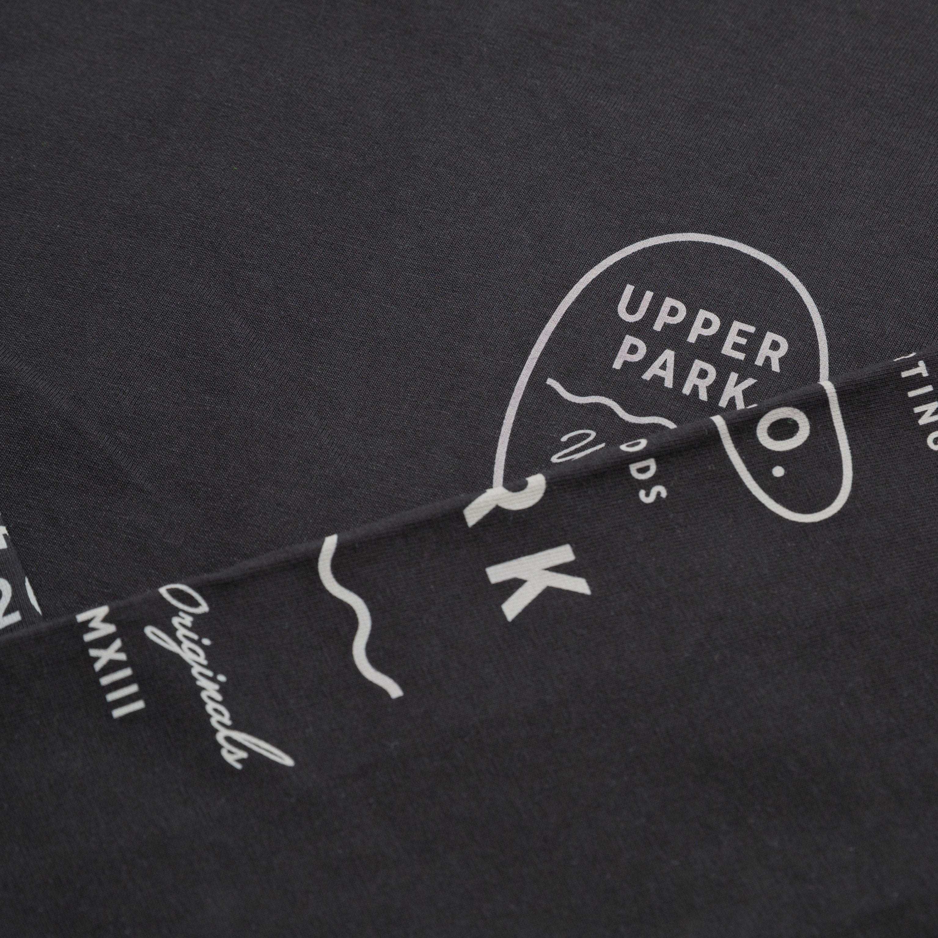 Upper Park Bay Waves Organic Cotton Long Sleeve shirt - Black t-shirt with white logo and text on a dark background