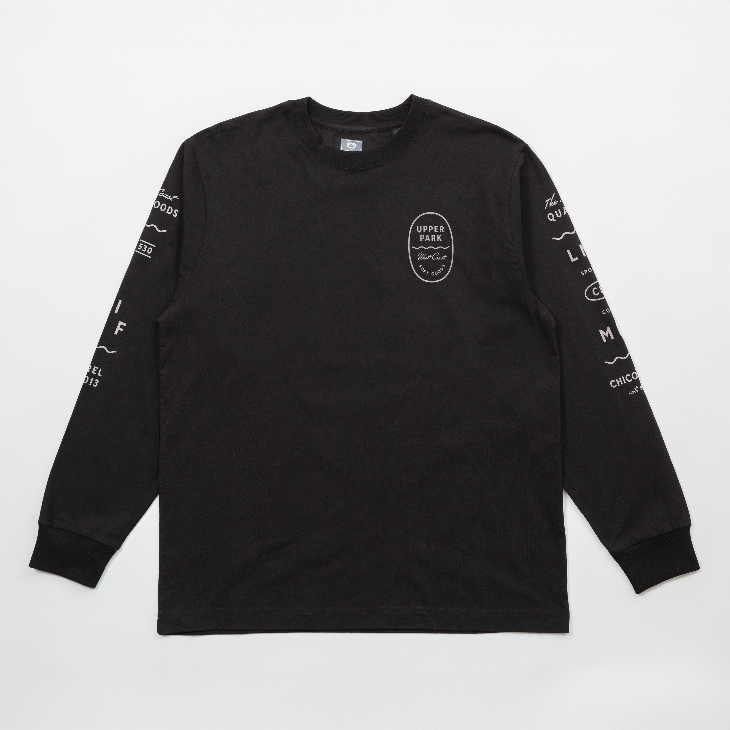 Upper Park Bay Waves Organic Cotton Long Sleeve shirt - Black long-sleeve shirt with white text and logo on a white background