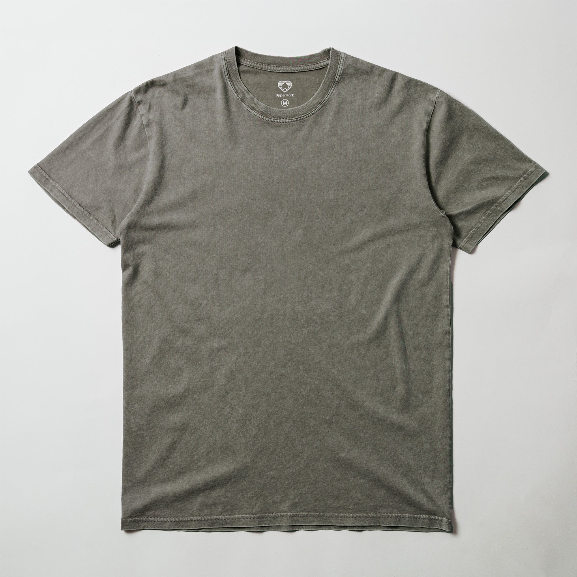 Upper Park Simple Stone Wash Tee - Basic men's shirt - mineral wash Moss green t-shirt on a light gray background