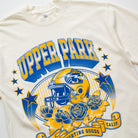 Upper Park Golden Varsity Shirt - Oversized Print Football Tee - Beige t-shirt with blue and yellow graphics and text on a white background