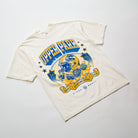 Upper Park Golden Varsity Shirt - Oversized Print Football Tee - White t-shirt with blue and yellow graphics and text on a white background