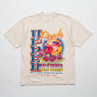 Upper Park Varsity Rose Football Tee - Beige t-shirt with colorful graphic design featuring a football helmet and text on a white background