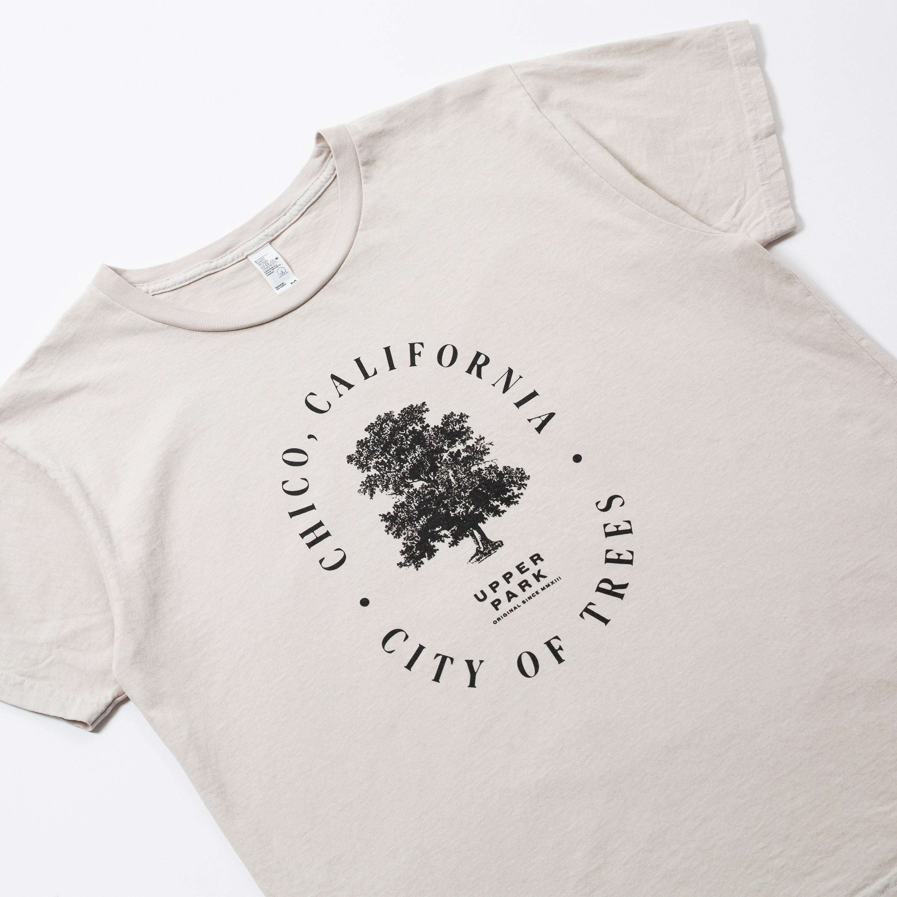 Beige T-shirt with City of Trees text - Wildwood Boyfriend Tee - Chico, CA - Upper Park Clothing