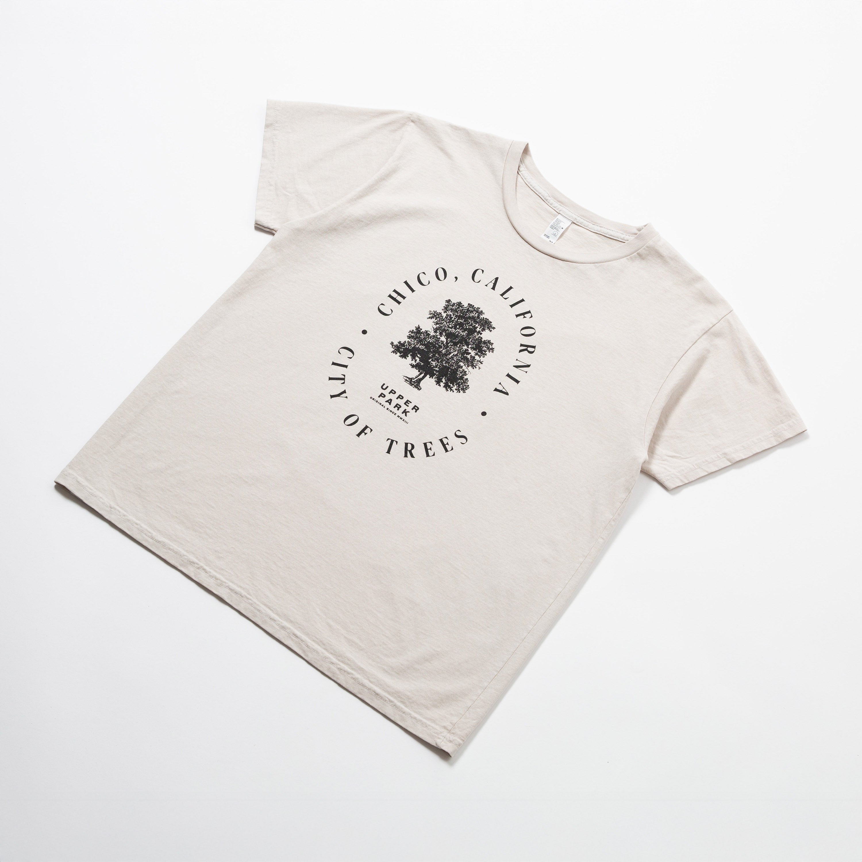Beige T-shirt with City of Trees text - Wildwood Boyfriend Tee - Chico, CA - Upper Park Clothing
