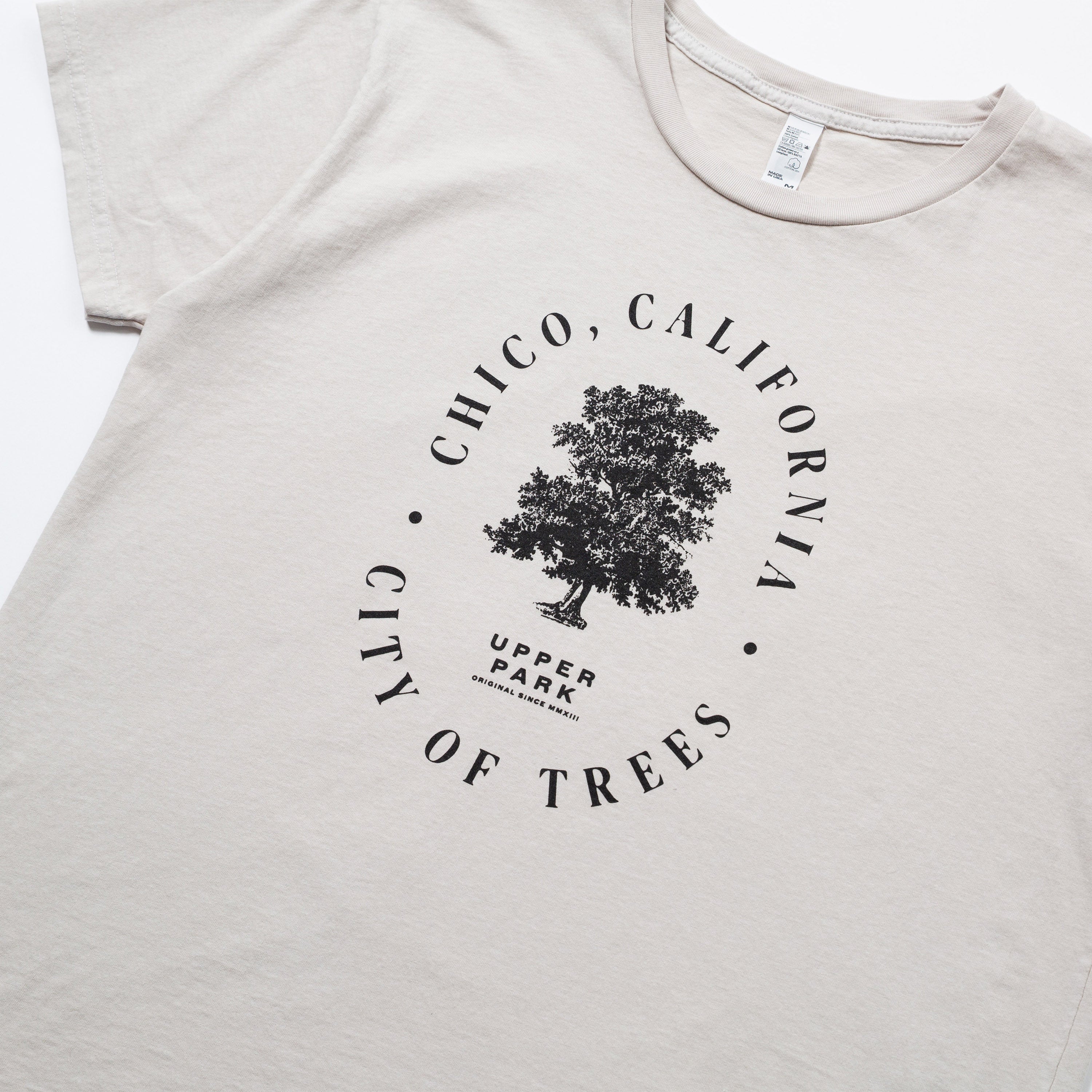 Beige T-shirt with City of Trees text - Wildwood Boyfriend Tee - Chico, CA - Upper Park Clothing