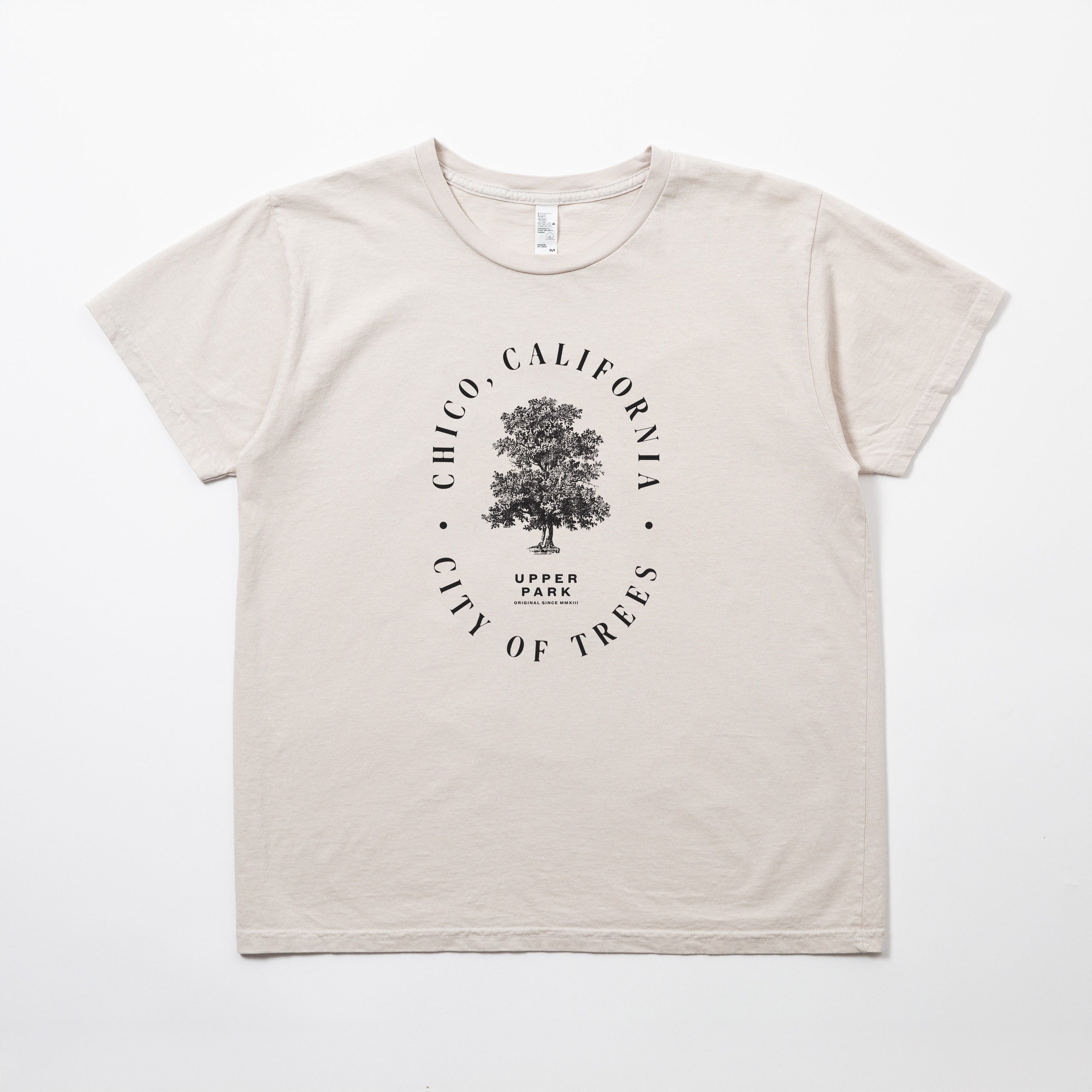 Beige T-shirt with City of Trees text - Wildwood Boyfriend Tee - Chico, CA - Upper Park Clothing