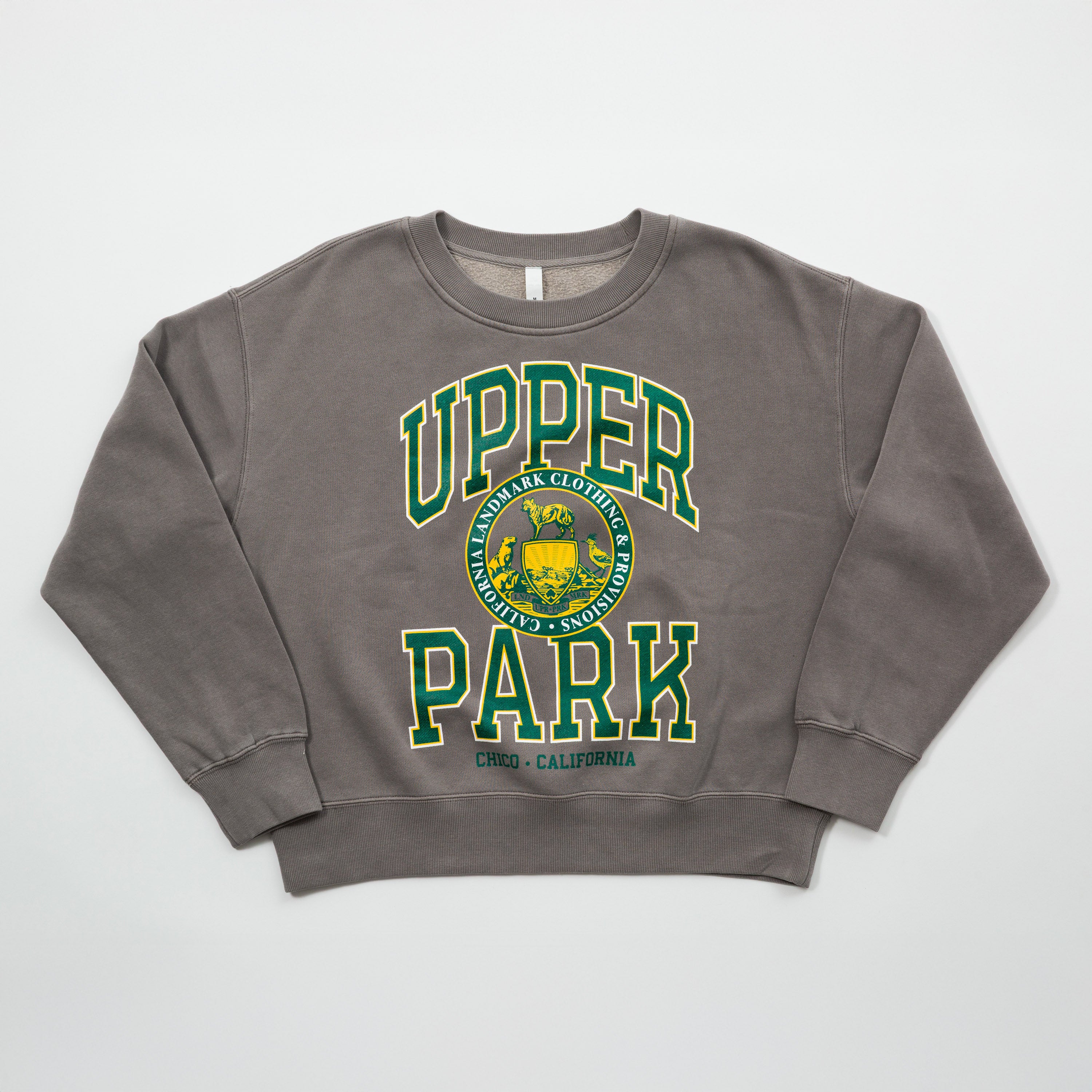 Women's Campus Crew Sweatshirt - Gray sweatshirt with 'Upper Park' text and logo on a white background