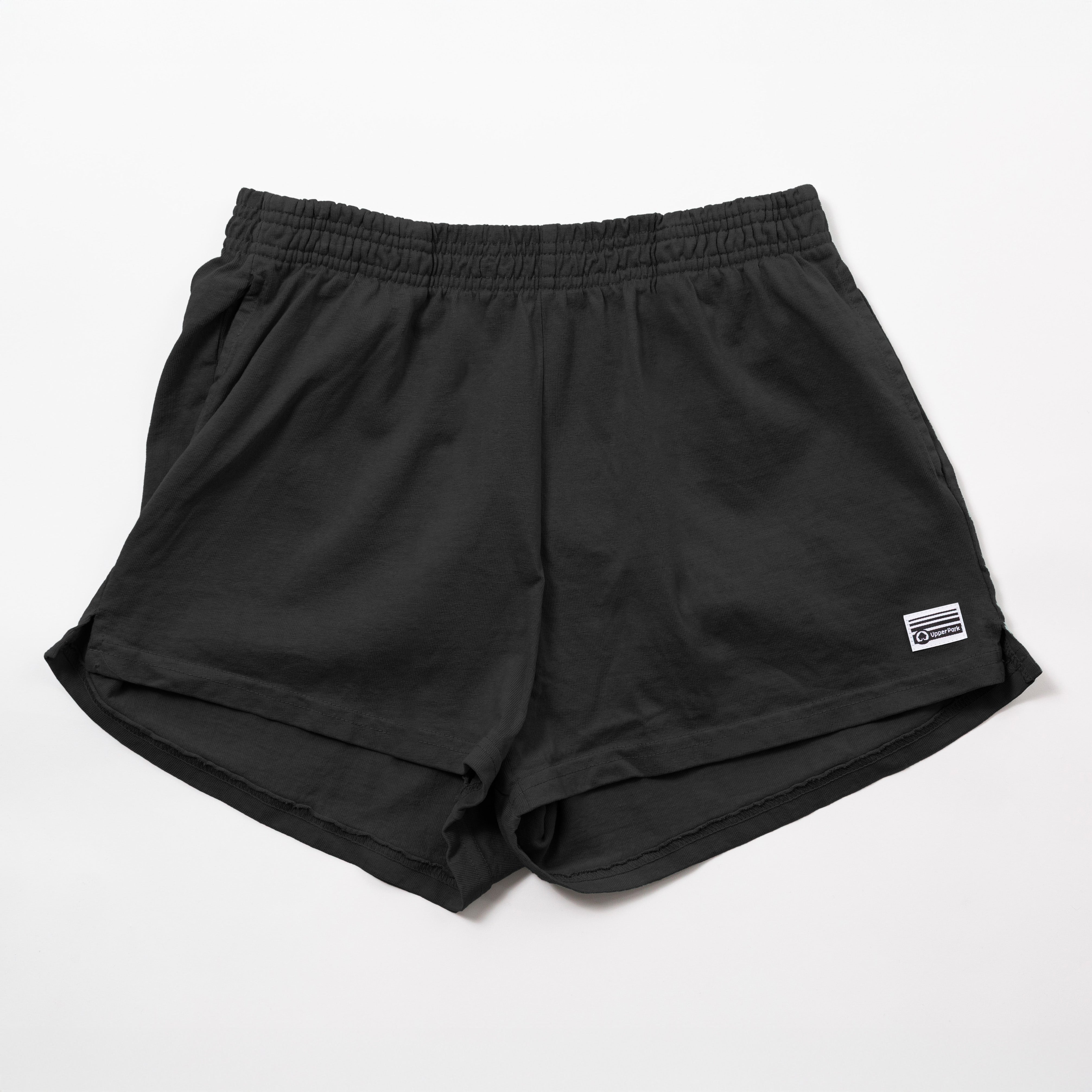Women's Garment Dyed Heavy Jersey Shorts - 100% Cotton - Black shorts with a small logo on a white background - Cotton Gym Shorts