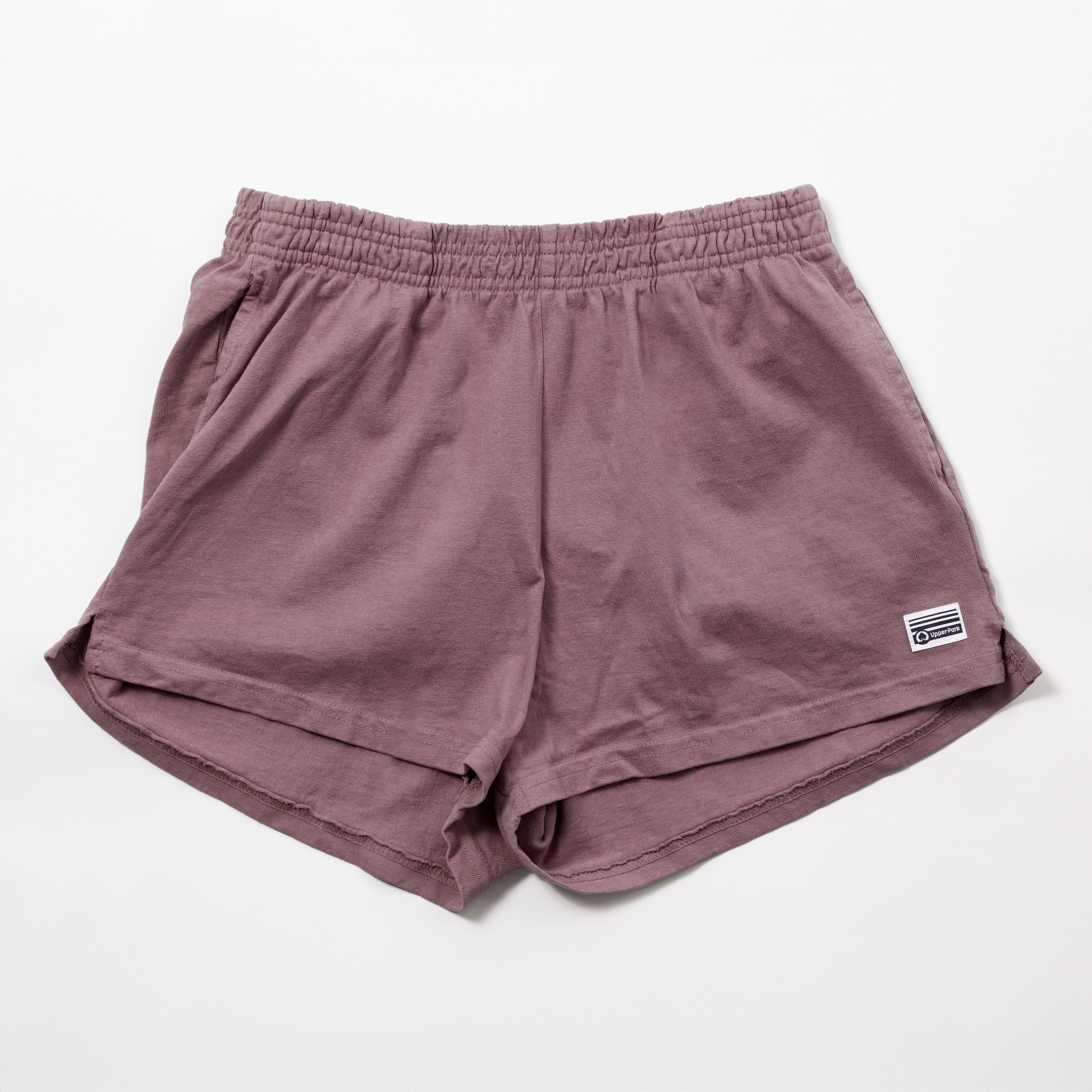Women's Garment Dyed Heavy Jersey Shorts - 100% Cotton - Pair of mauve shorts on a white background