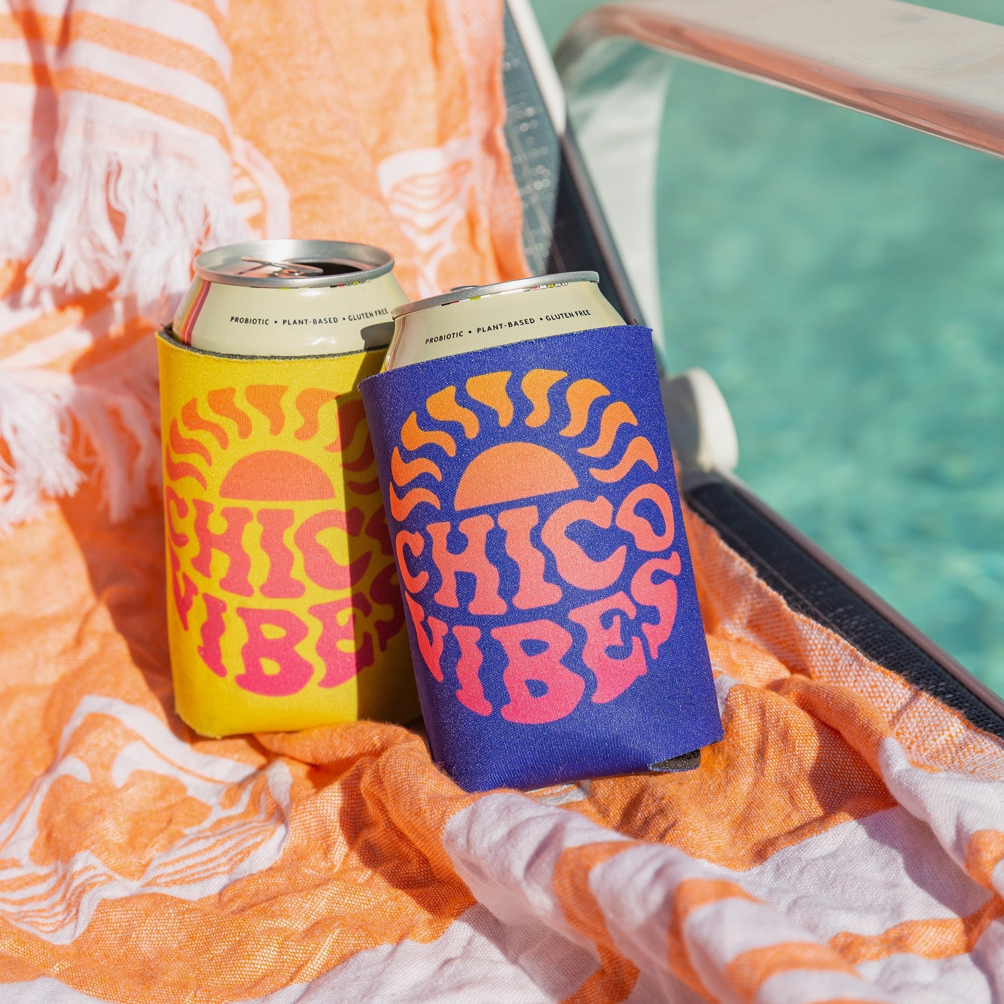 Chico Vibes Koolie Can Cooler - yellow - blue - Upper Park Clothing - Chico, Ca