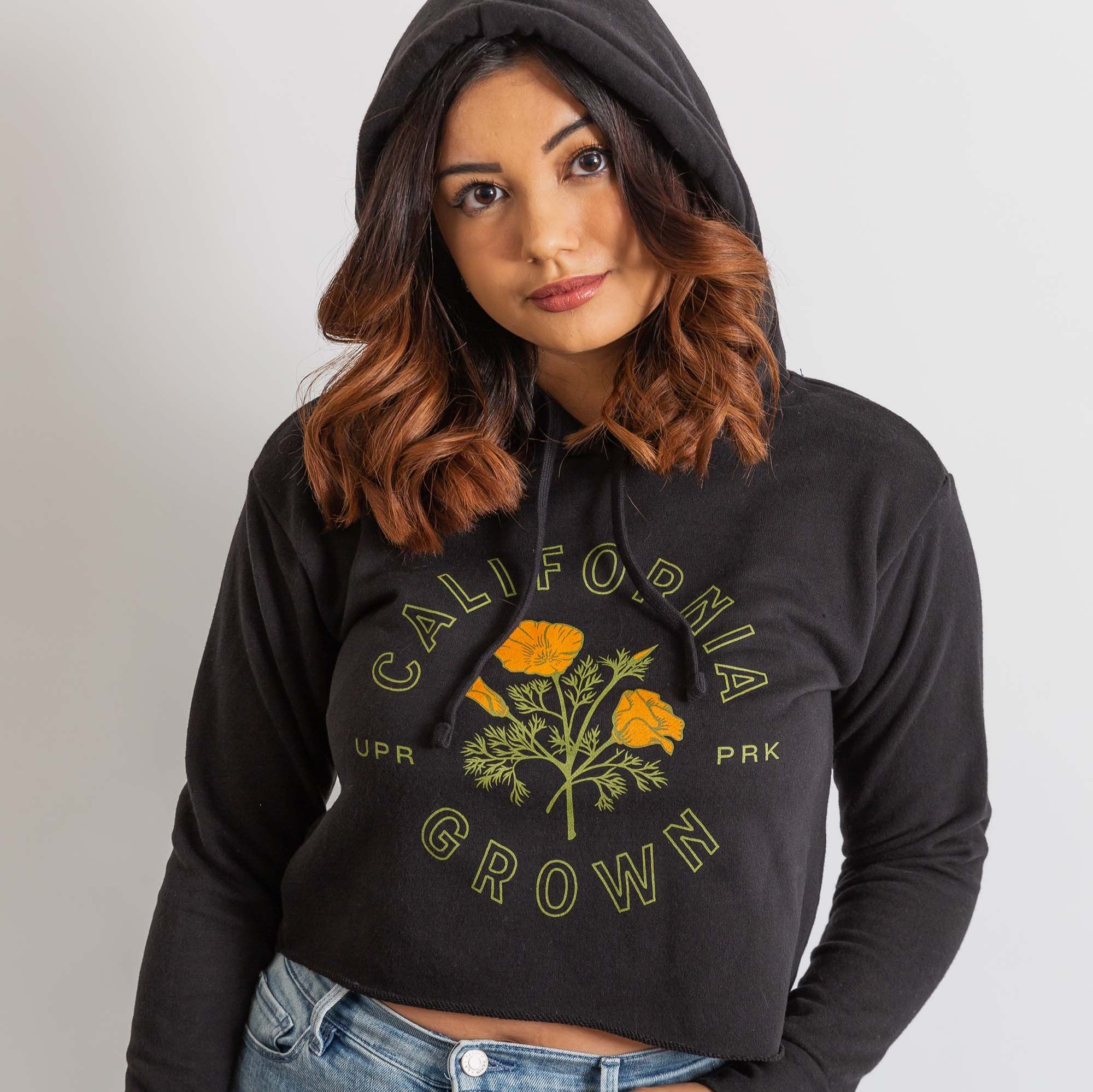 California Grown Crop Hoodie Sweatshirt - Upper Park Clothing - Chico, CA - Poppy Flower California Collection
