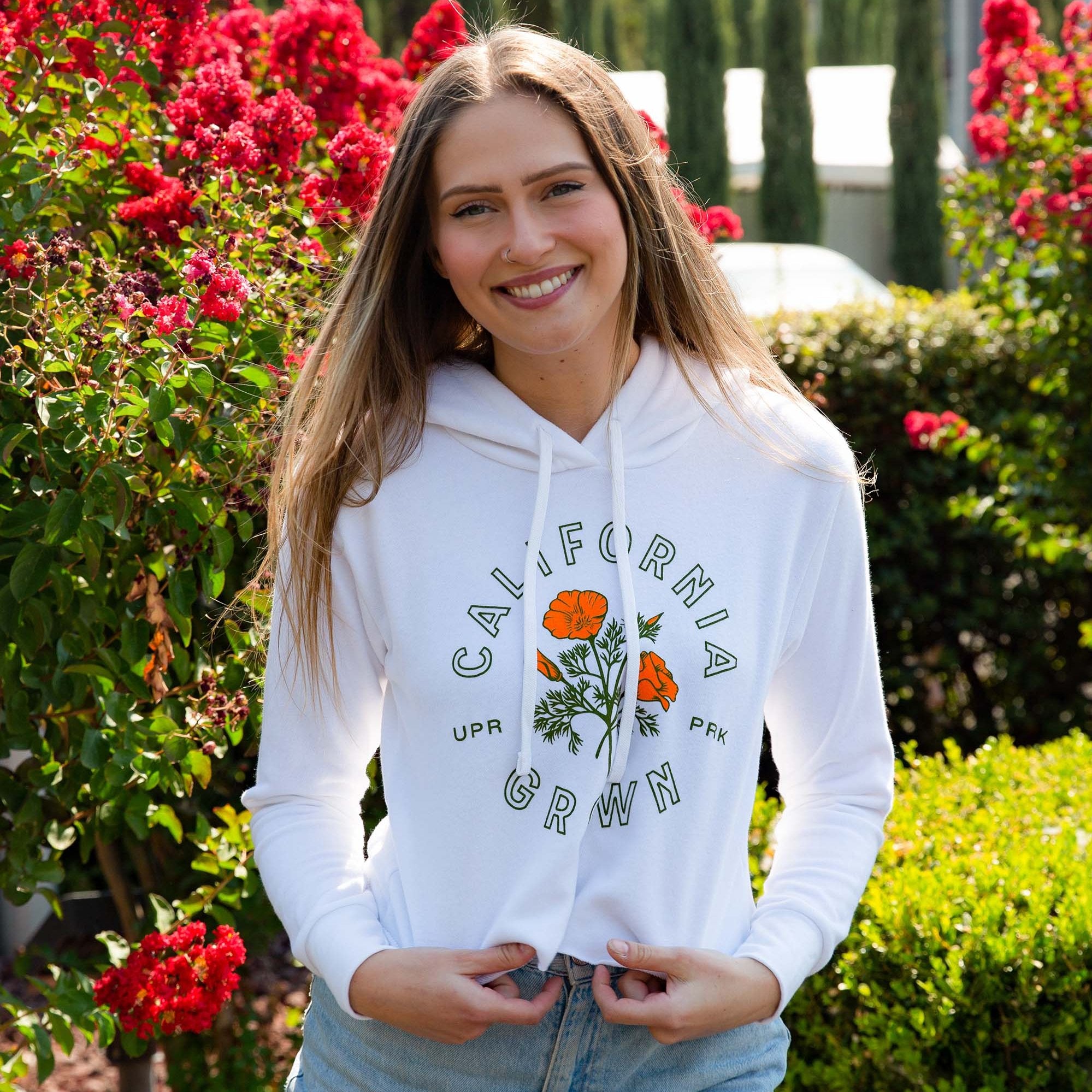 California Grown Crop Hoodie Sweatshirt - Upper Park Clothing - Chico, CA - Poppy Flower California Collection