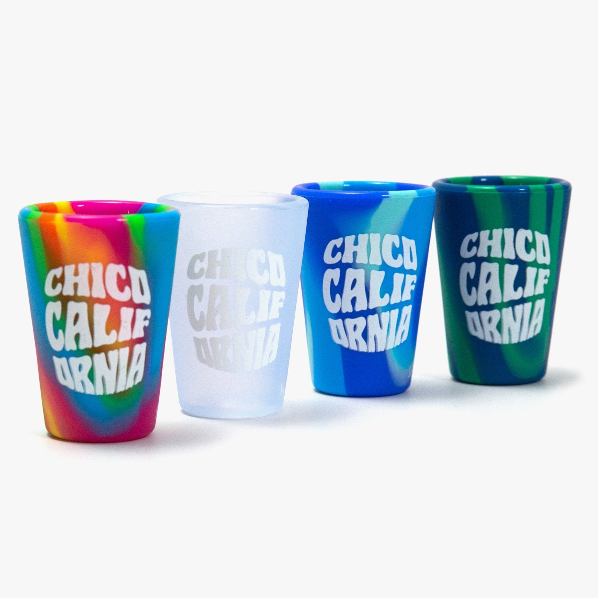 4 colors of the Hippie Dippy Chico Silicone Shot Glass from Upper Park Clothing in Chico, Ca