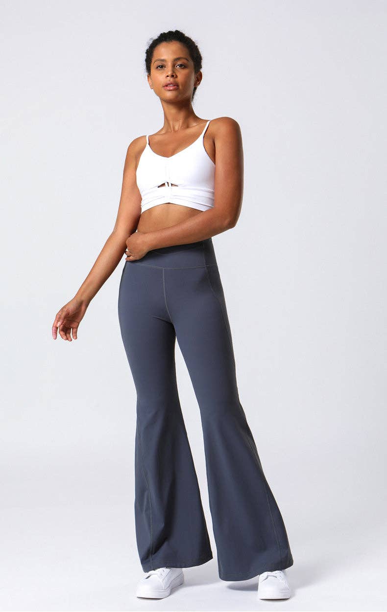 Active by Anna-Kaci - High Waist Flare Pants with Stitching: Black / Small 0-4