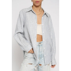 STRIPED LINEN SHIRT: Taupe / S