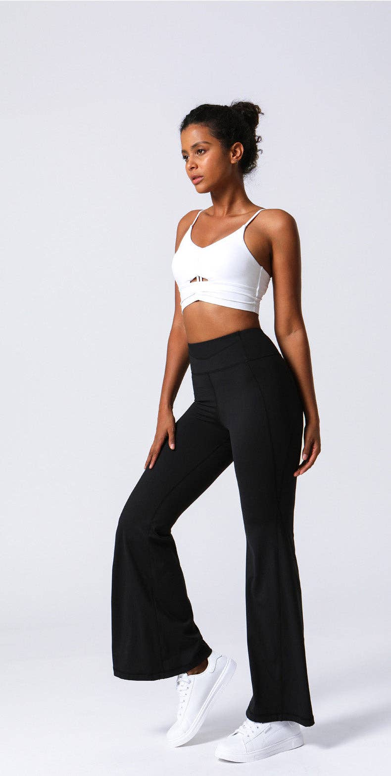 Active by Anna-Kaci - High Waist Flare Pants with Stitching: Black / Large 8-10