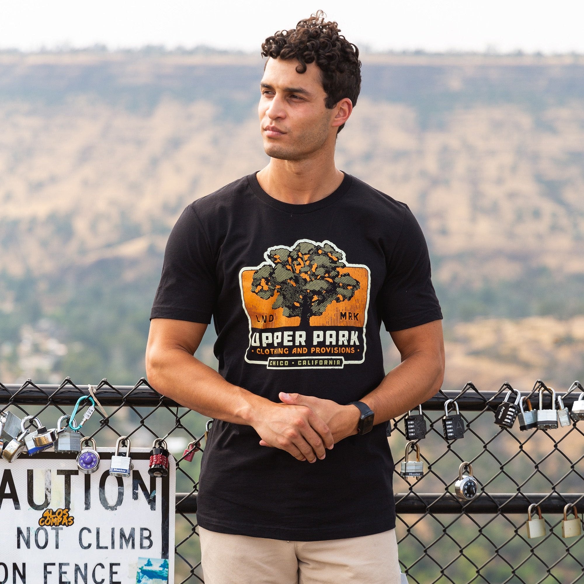 Man wearing a Big Oak Tree Shirt from Upper Park Clothing in Chico, Ca