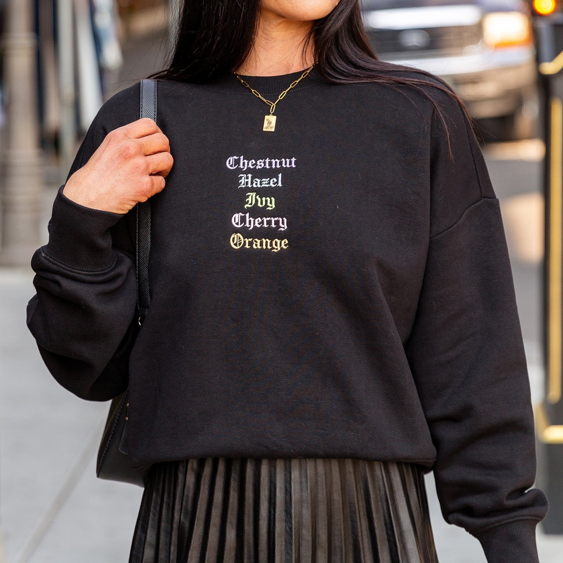 Woman wearing Embroidered Streets Women's Heavy Crew from Upper Park Clothing in Chico, Ca