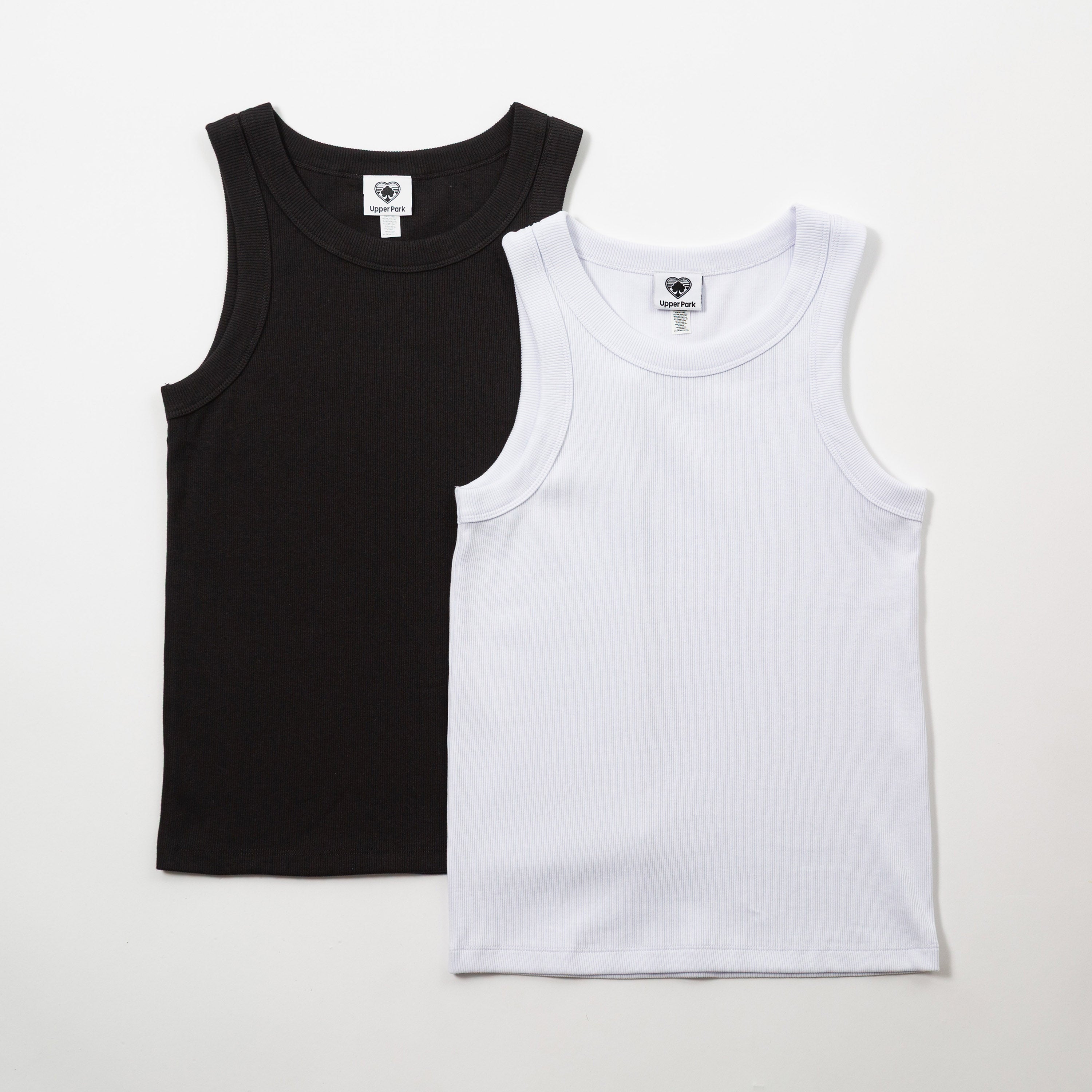 Basic Women's Organic Rib Tank - Black and white tank tops on a light gray background