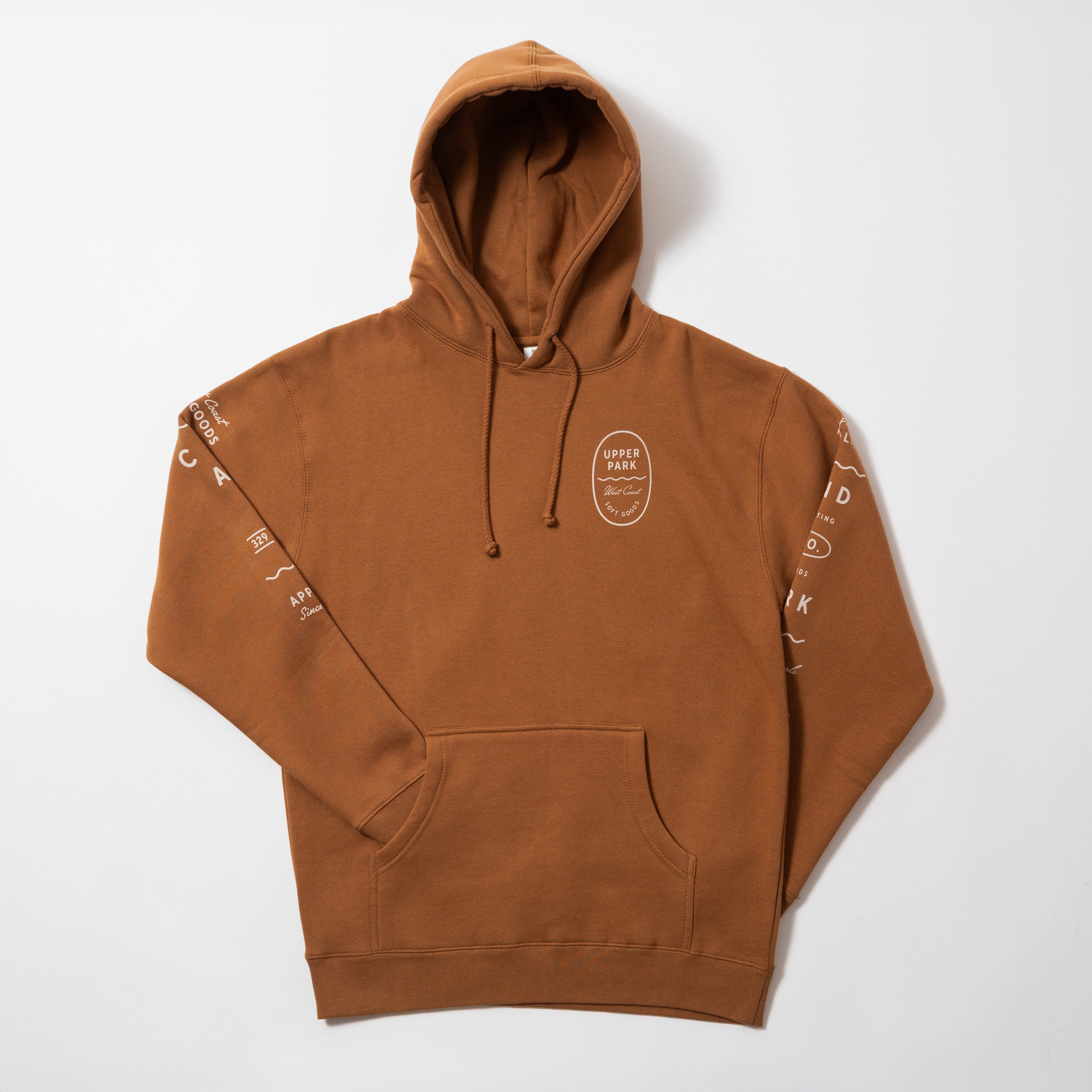 Upper Park Bay Waves Mid weight Hooded Sweatshirt - Brown hoodie with branding on a white background