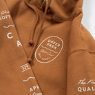 Upper Park Bay Waves Mid weight Hooded Sweatshirt - Brown hoodie with 'Upper Park' logo and text on a white background