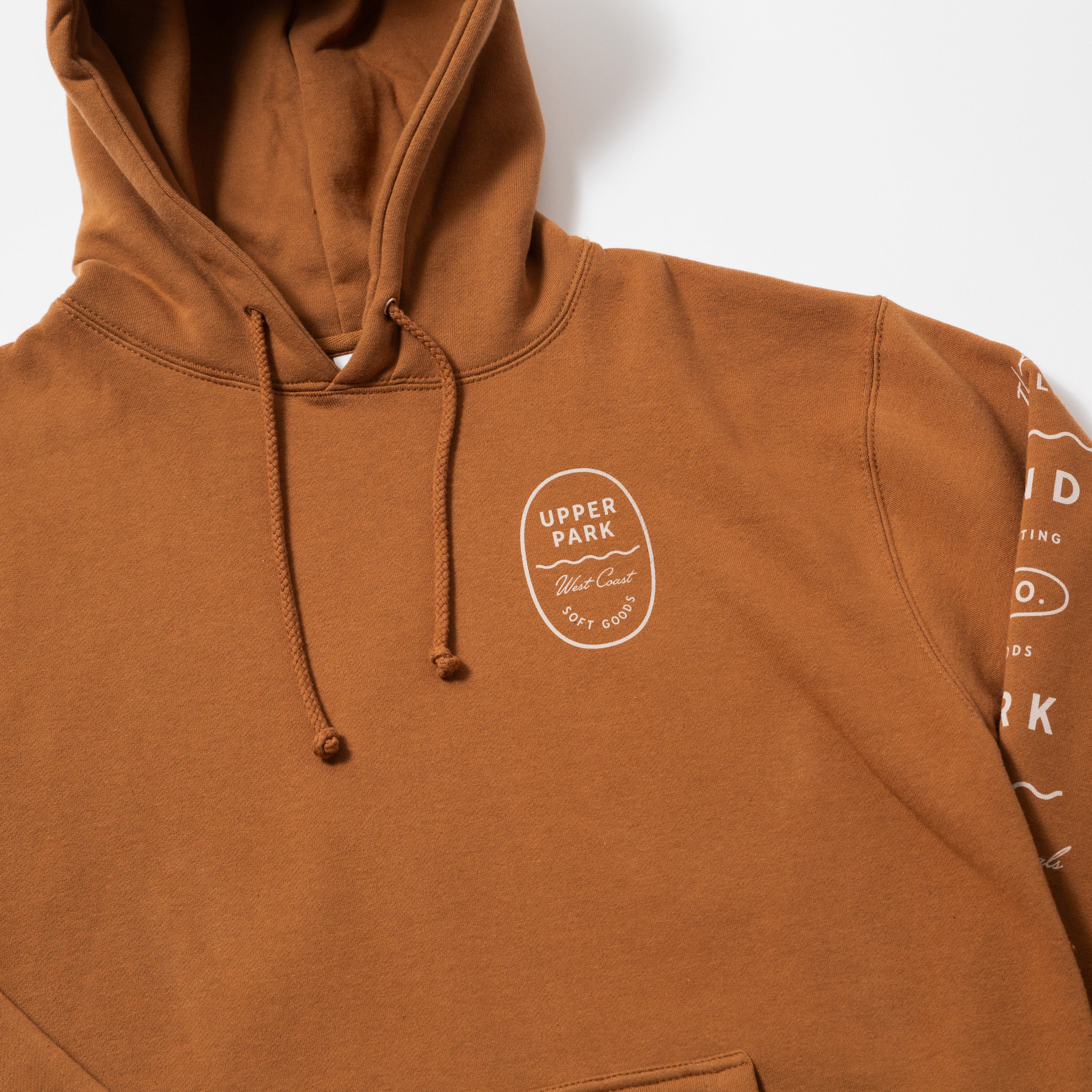 Upper Park Bay Waves Mid weight Hooded Sweatshirt - Brown hoodie with 'Upper Park' logo on a white background
