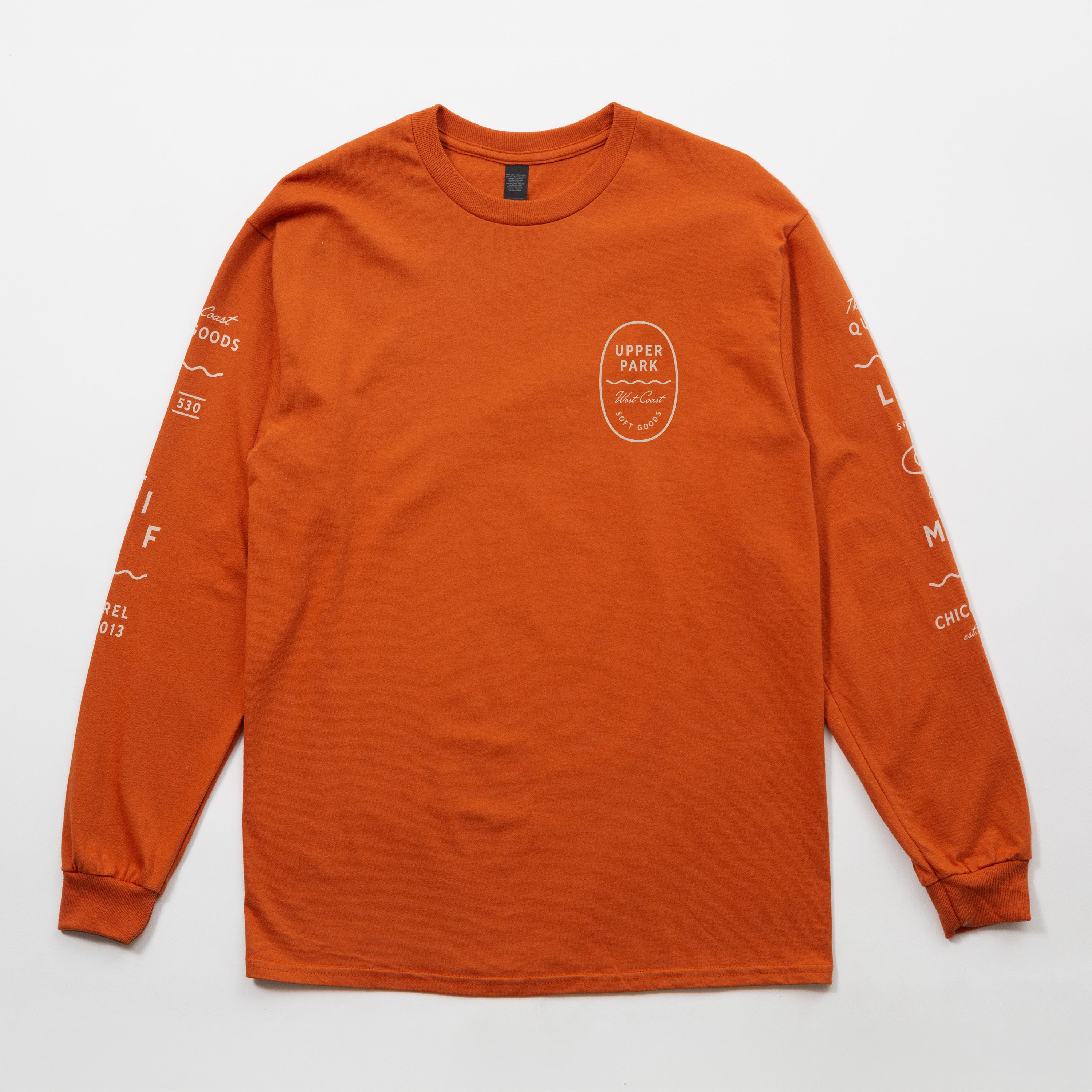 Bay Waves Standard Long Sleeve Shirt - Upper Park Clothing - Orange long-sleeve shirt with branding on a white background