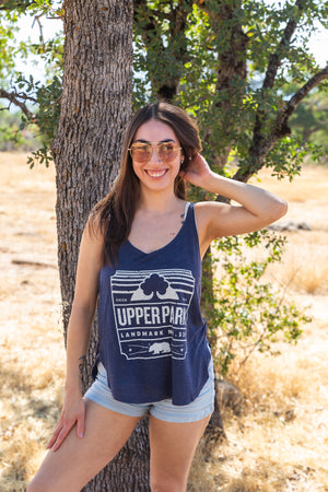 women standing in Upper Bidwell Park while wearing a navy Brown Bear Side Slit Tank from Upper Park Clothing