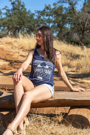 women sitting on a bench in Upper Bidwell Park while wearing a navy Brown Bear Side Slit Tank from Upper Park Clothing