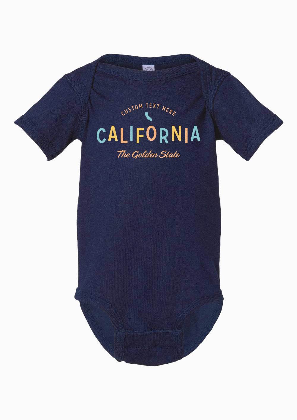 A navy blue baby onesie with the text 'CALIFORNIA THE GOLDEN STATE' printed across the front.