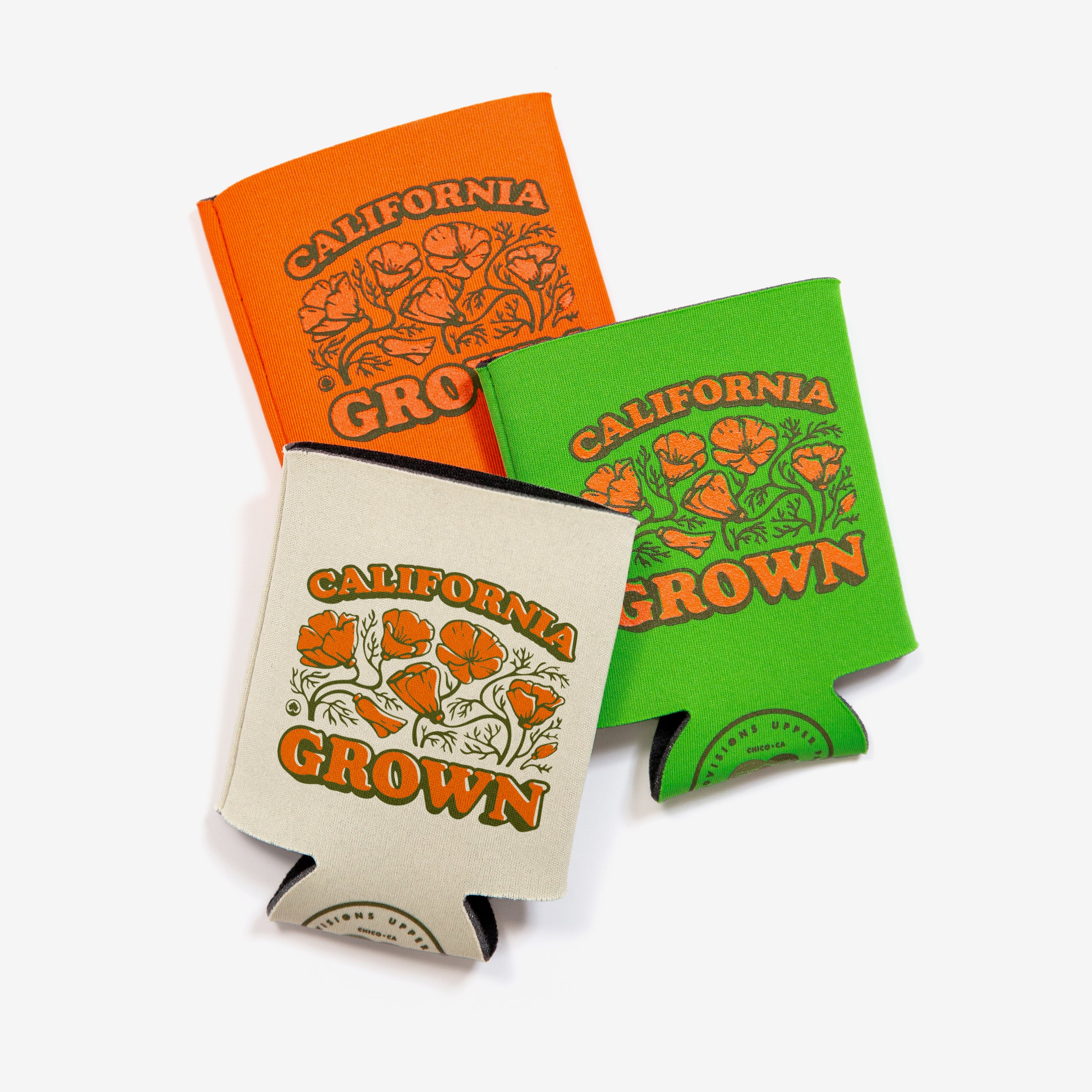 3 colors of California Grown Koolie Can Cooler from Upper Park Clothing in Chico, Ca