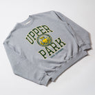 100% Cotton Oversize Crew Neck Sweater - Gray sweatshirt with 'Upper Park' text and logo on a white background