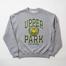 100% Cotton Oversize Crew Neck Sweater - Gray sweatshirt with 'Upper Park' text and logo on a white background