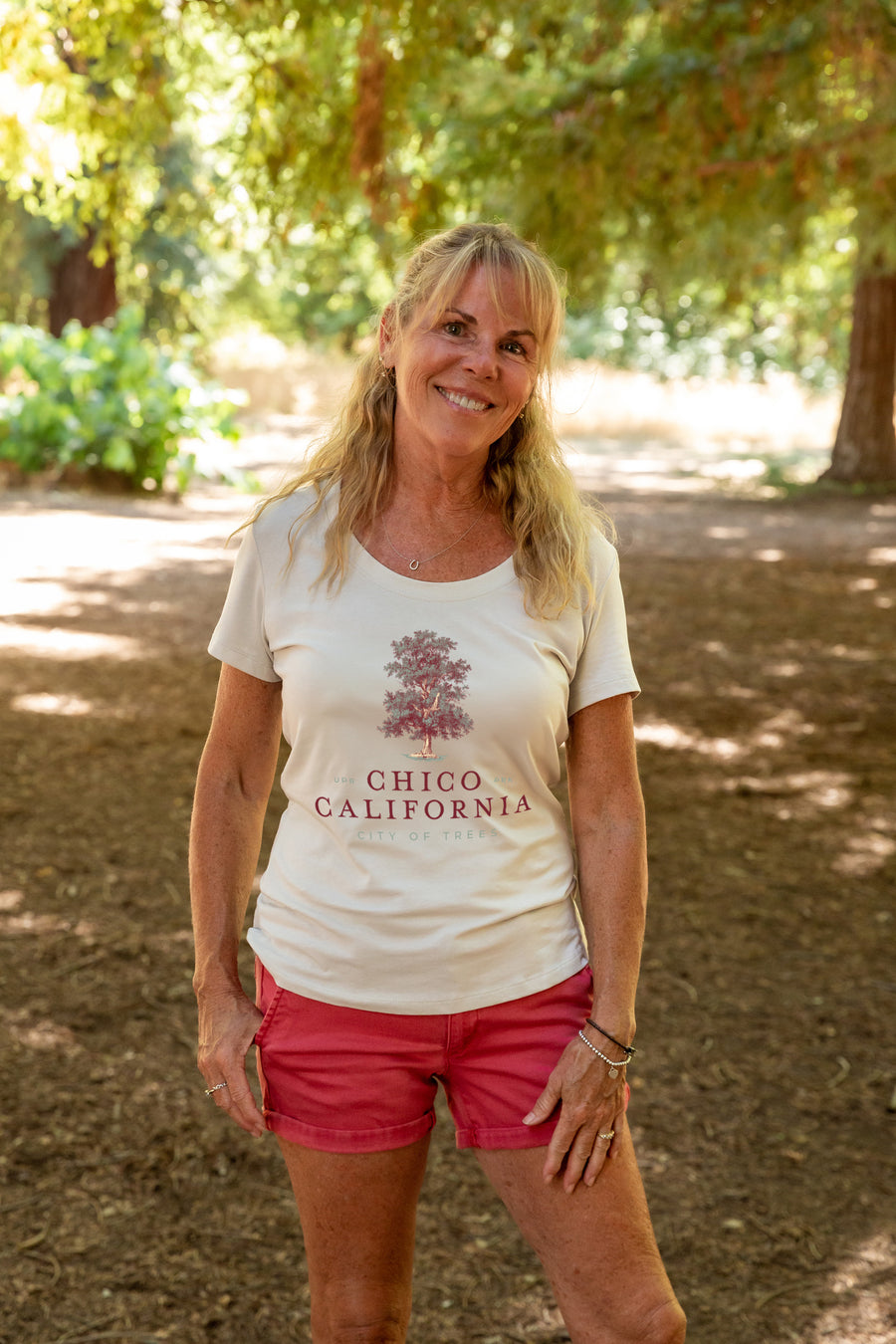 women standing at the Chico Creek Nature Center in Chico California wearing a Chico City of Trees Scoop Tee from Upper Park Clothing